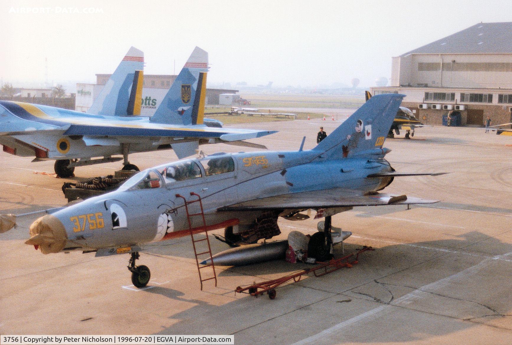 3756, Mikoyan-Gurevich MiG-21UM C/N 516937056, Another view of the Czech Air Force Flight Test Centre MiG-21UM Mongol on the flight-line at the 1996 Royal Intnl Air Tattoo at RAF Fairford.