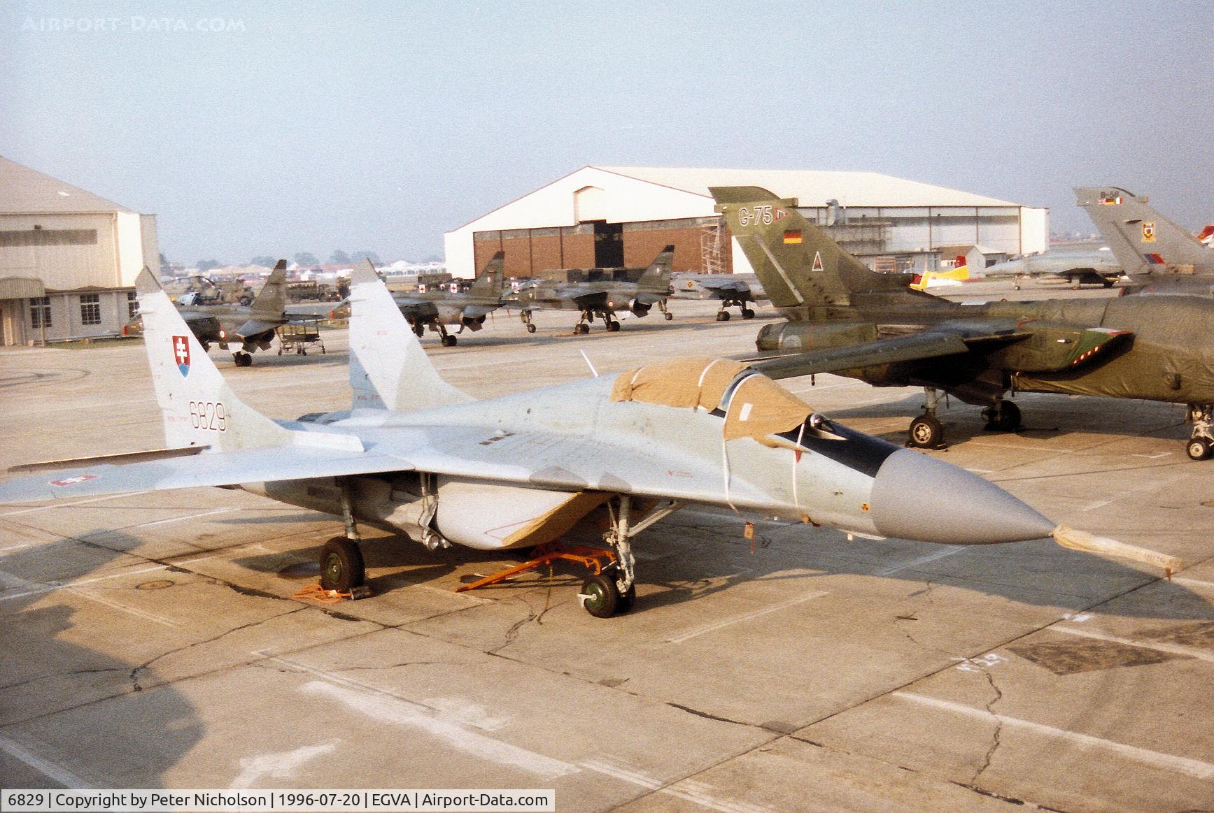 6829, Mikoyan-Gurevich MiG-29A C/N 2960536068, MiG-29 Fulcrum of 1 SLP Slovak Air Force on the flight-line at the 1996 Royal Intnl Air Tattoo at RAF Fairford.