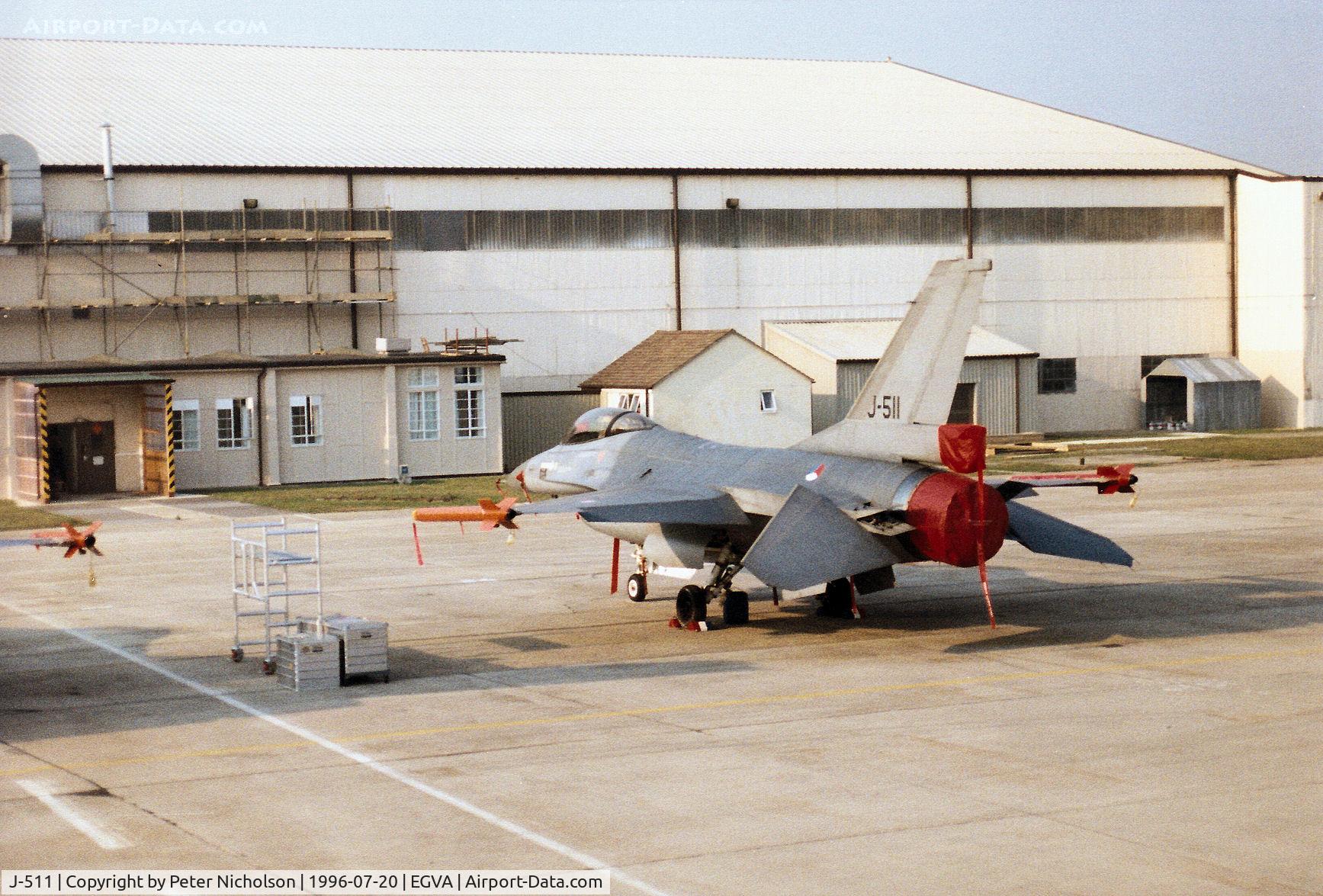 J-511, 1989 Fokker F-16A Fighting Falcon C/N 6D-150, F-16A Falcon of 306 Squadron Royal Netherlands Air Force on the flight-line at the 1996 Royal Intnl Air Tattoo at RAF Fairford.
