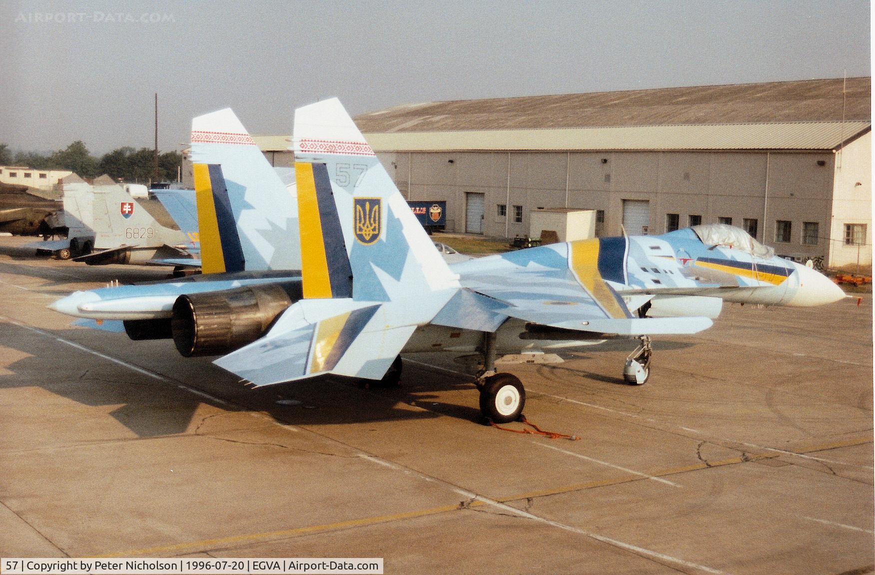 57, Sukhoi Su-27A C/N 36911031411, Su-27 Flanker B of the Ukrainian Air Force on the flight-line at the 1996 Royal Intnl Air Tattoo at RAF Fairford.