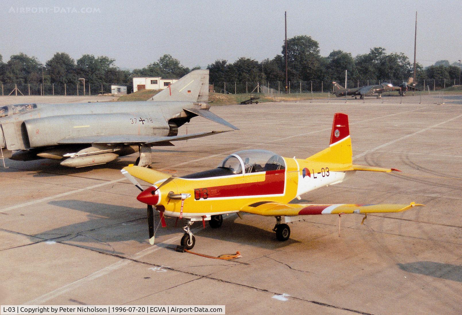 L-03, Pilatus PC-7 Turbo Trainer C/N 540, PC-7 of the Royal Netherlands Air Force's EMVO [Elementary Military Pilot School] on the flight-line at the 1996 Royal Intnl Air Tattoo at RAF Fairford.