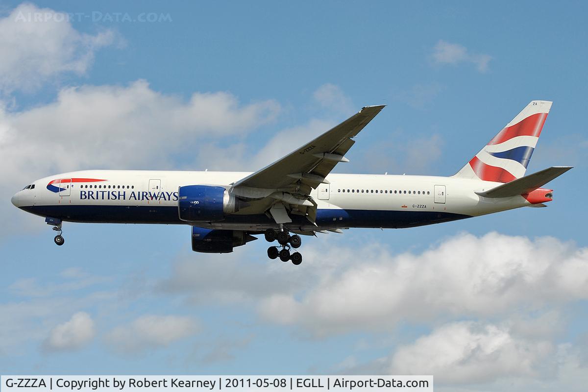 G-ZZZA, 1995 Boeing 777-236 C/N 27105, On approach for 27L