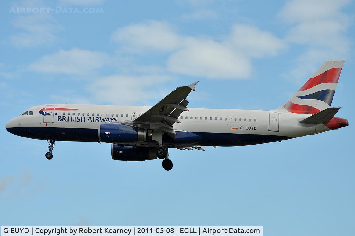 G-EUYD, 2008 Airbus A320-232 C/N 3726, On approach to r/w 27L
