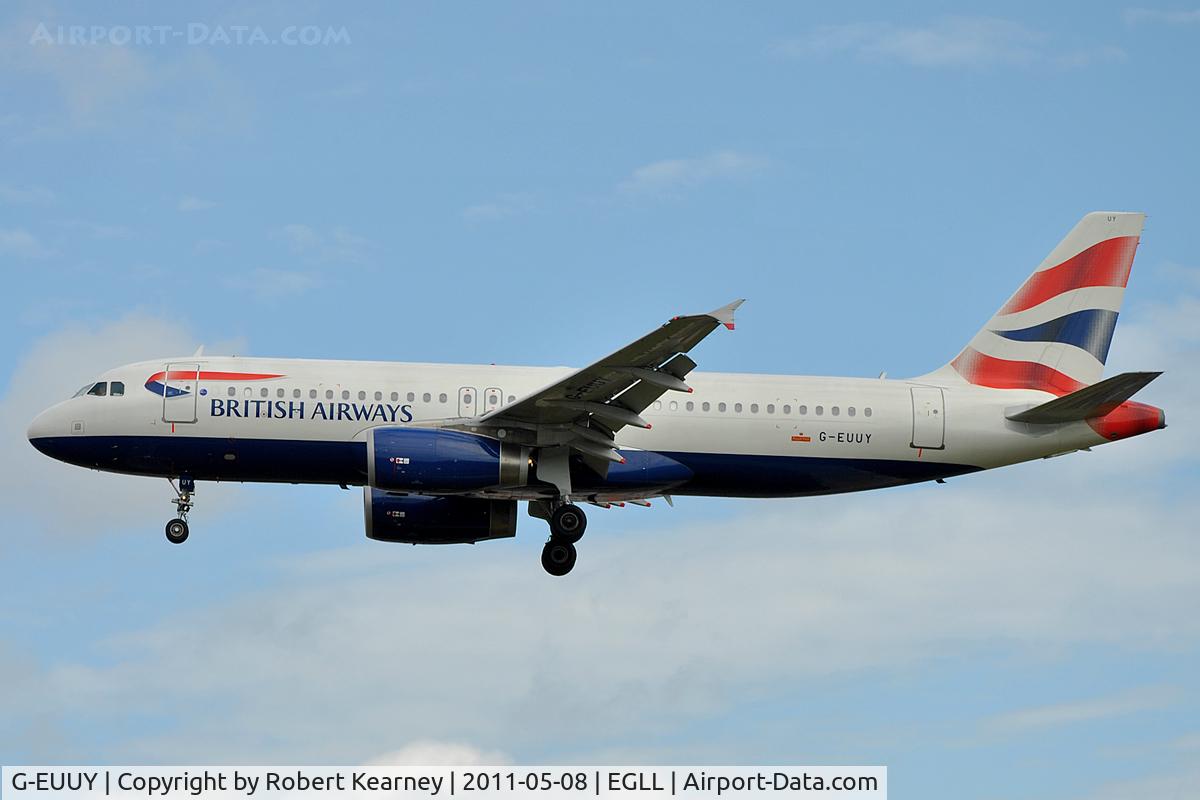 G-EUUY, 2008 Airbus A320-232 C/N 3607, On approach to r/w 27L