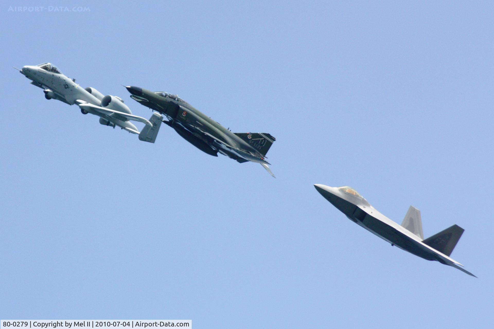 80-0279, 1980 Fairchild Republic A-10C Thunderbolt II C/N A10-0629, A-10 Thunderbolt II (80-0279), F-4E Phantom II (74-0643), and F-22 Raptor (08-4152) Heritage Flight - 2010 National Cherry Festival Air Show
