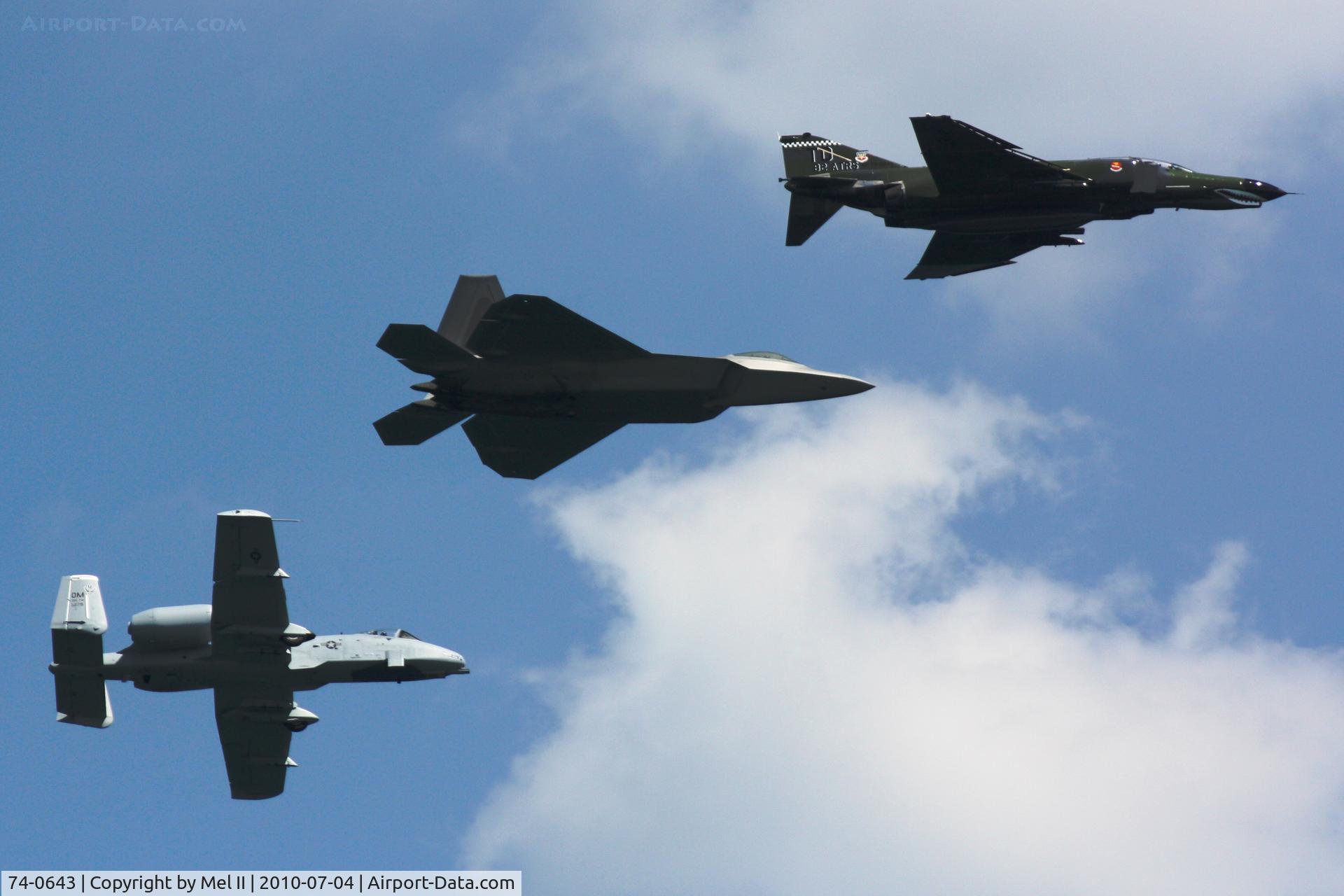 74-0643, 1974 McDonnell Douglas QF-4E Phantom II C/N 4794, A-10 Thunderbolt II (80-0279), F-4E Phantom II (74-0643), and F-22 Raptor (08-4152) Heritage Flight - 2010 National Cherry Festival Air Show