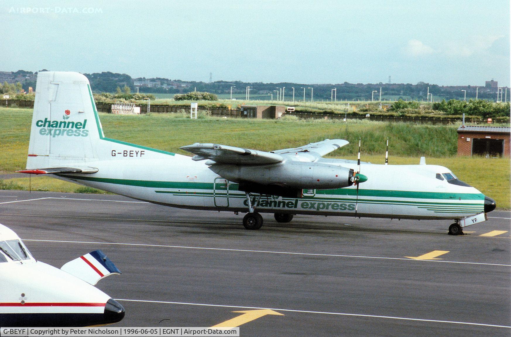 G-BEYF, 1963 Handley Page HPR-7 Herald 401 C/N 175, Herald 401 of Channel Express at Newcastle in the Summer of 1996.