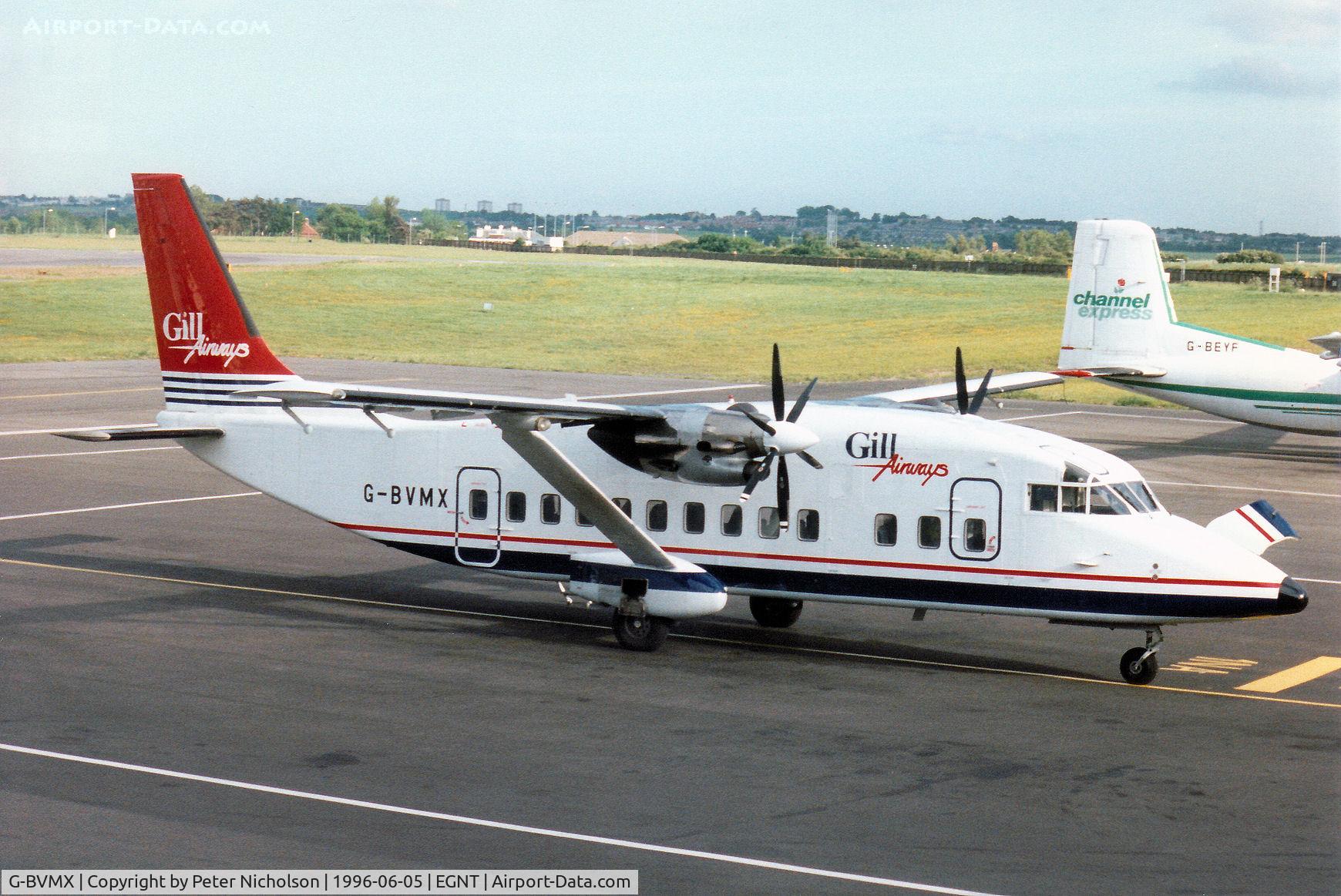 G-BVMX, 1988 Short SD3-60-200 C/N SH.3751, Shorts 360 of Gill Airways at Newcastle in the Summer of 1996.