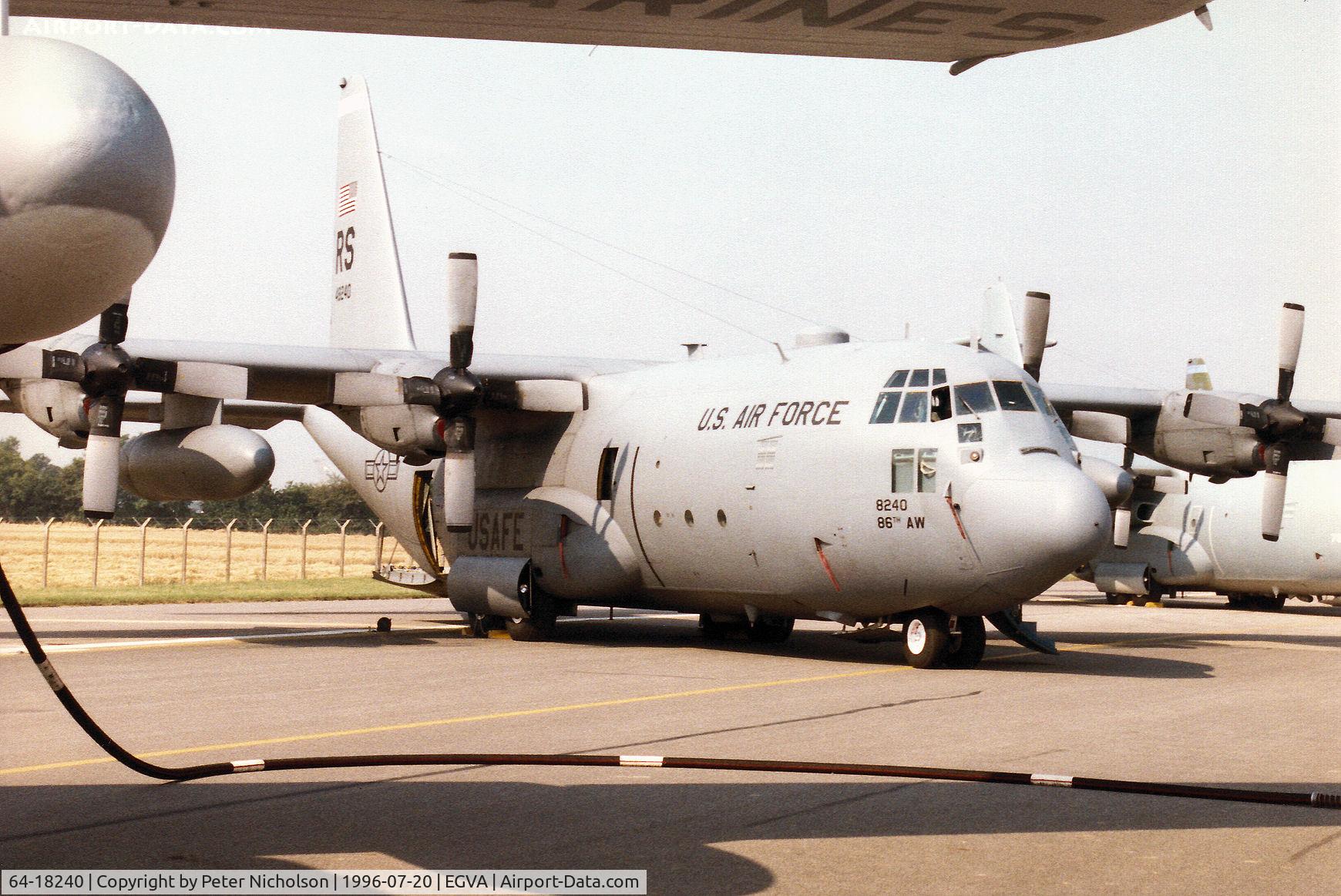64-18240, Lockheed C-130E Hercules C/N 382-4105, C-130E Hercules of 37th Airlift Squadron/86th Wing based at Ramstein on display at the 1996 Royal Intnl Air Tattoo at RAF Fairford.