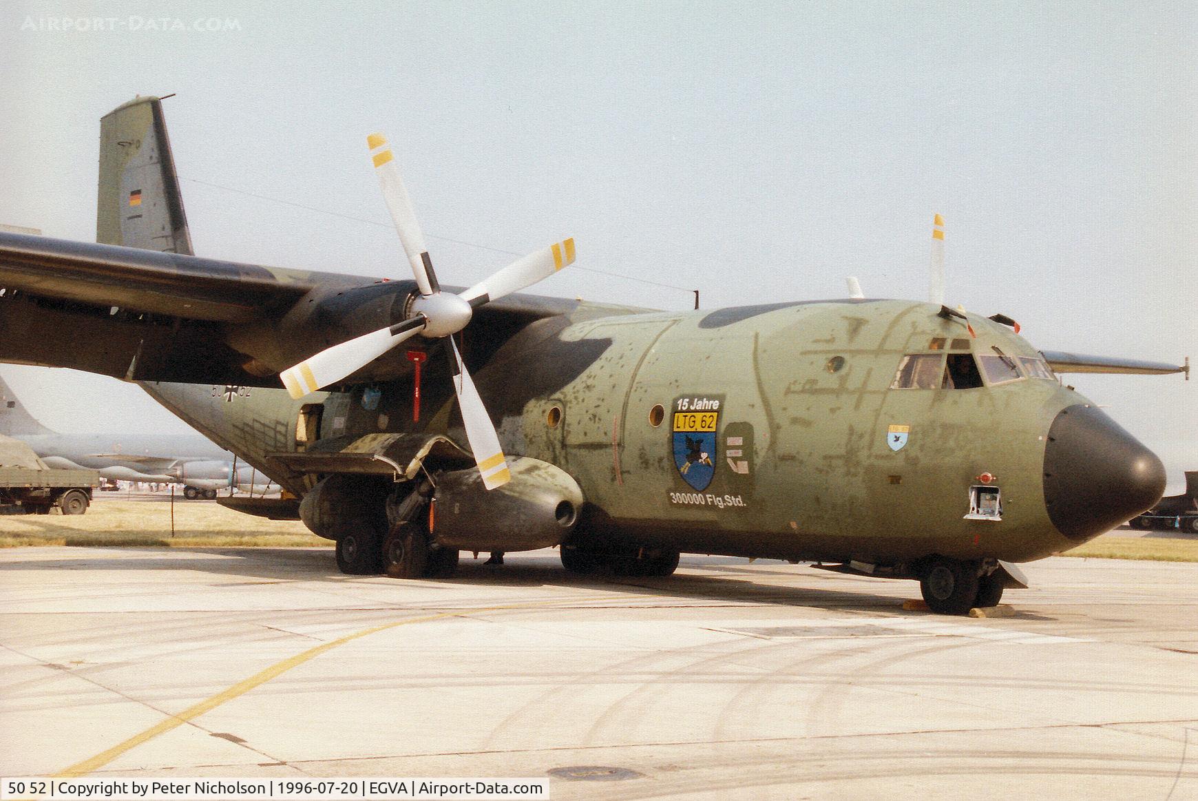 50 52, Transall C-160D C/N D74, C-160D Transall of LTG-62 German Air Force wth anniversary markings on display at the 1996 Royal Intnl Air Tattoo at RAF Fairford.