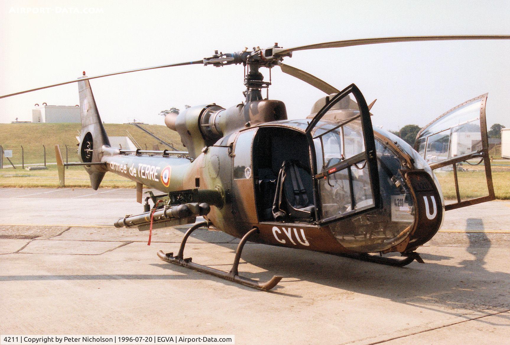 4211, Aérospatiale SA-342M Gazelle C/N 2211, Another view of the 1/2 Combat Helicopter Regiment SA-342M Gazelle of the French Army on display at the 1996 Royal Intnl Air Tattoo at RAF Fairford.