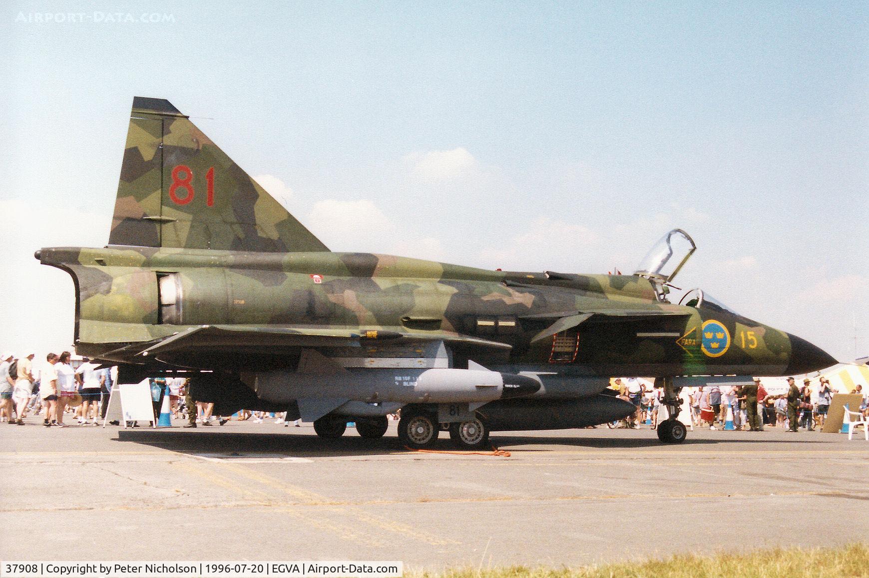 37908, Saab SH 37 Viggen C/N 37908, SH 37 Viggen of F15 Wing of the Royal Swedish Air Force on display at the 1996 Royal Intnl Air Tattoo at RAF Fairford.