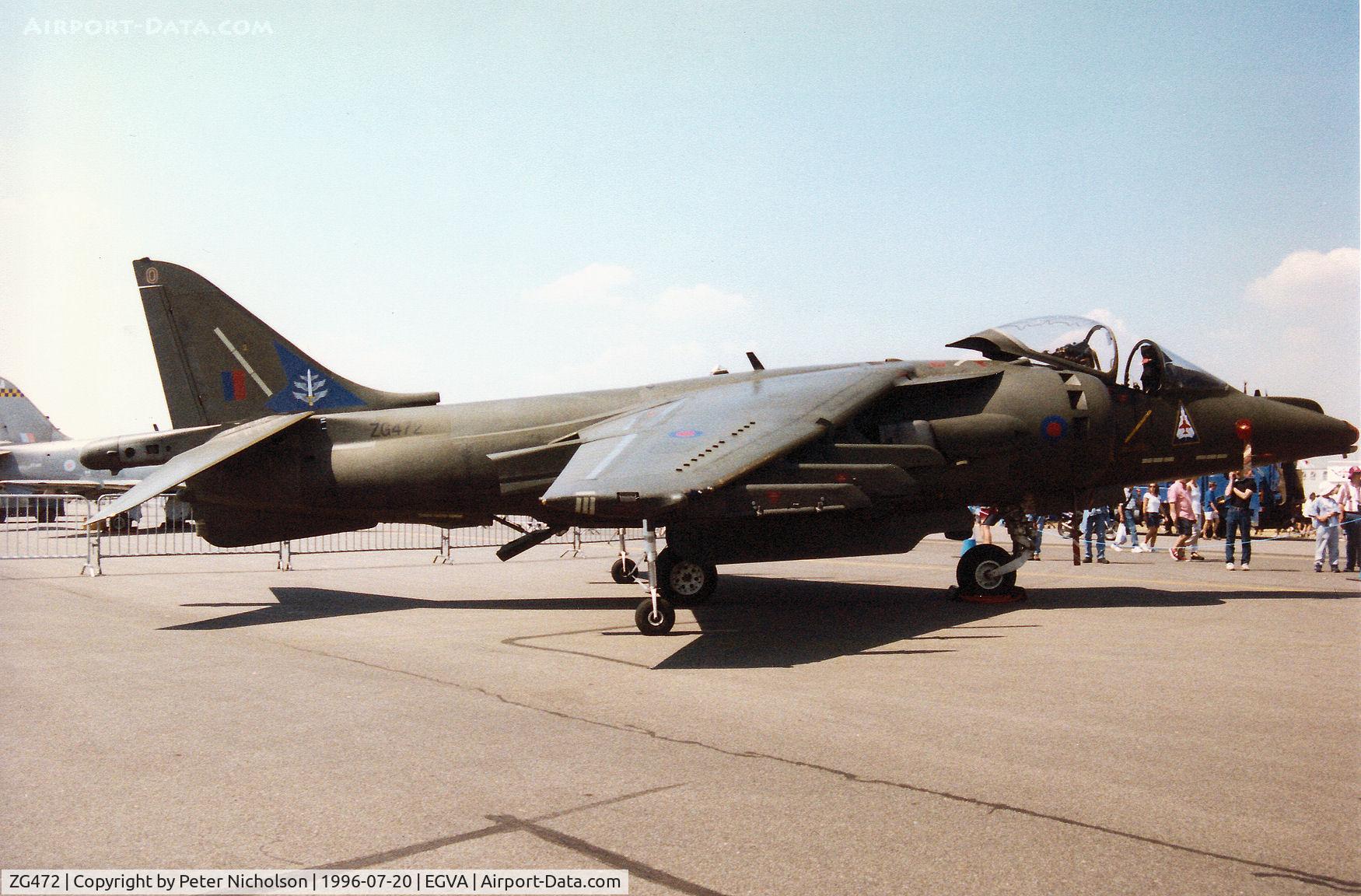 ZG472, British Aerospace Harrier GR.7A C/N P62, Harrier GR.7 of the Strike Attack Operational Evaluation Unit (SAOEU) at Boscombe Down on display at the 1996 Royal Intnl Air Tattoo at RAF Fairford.