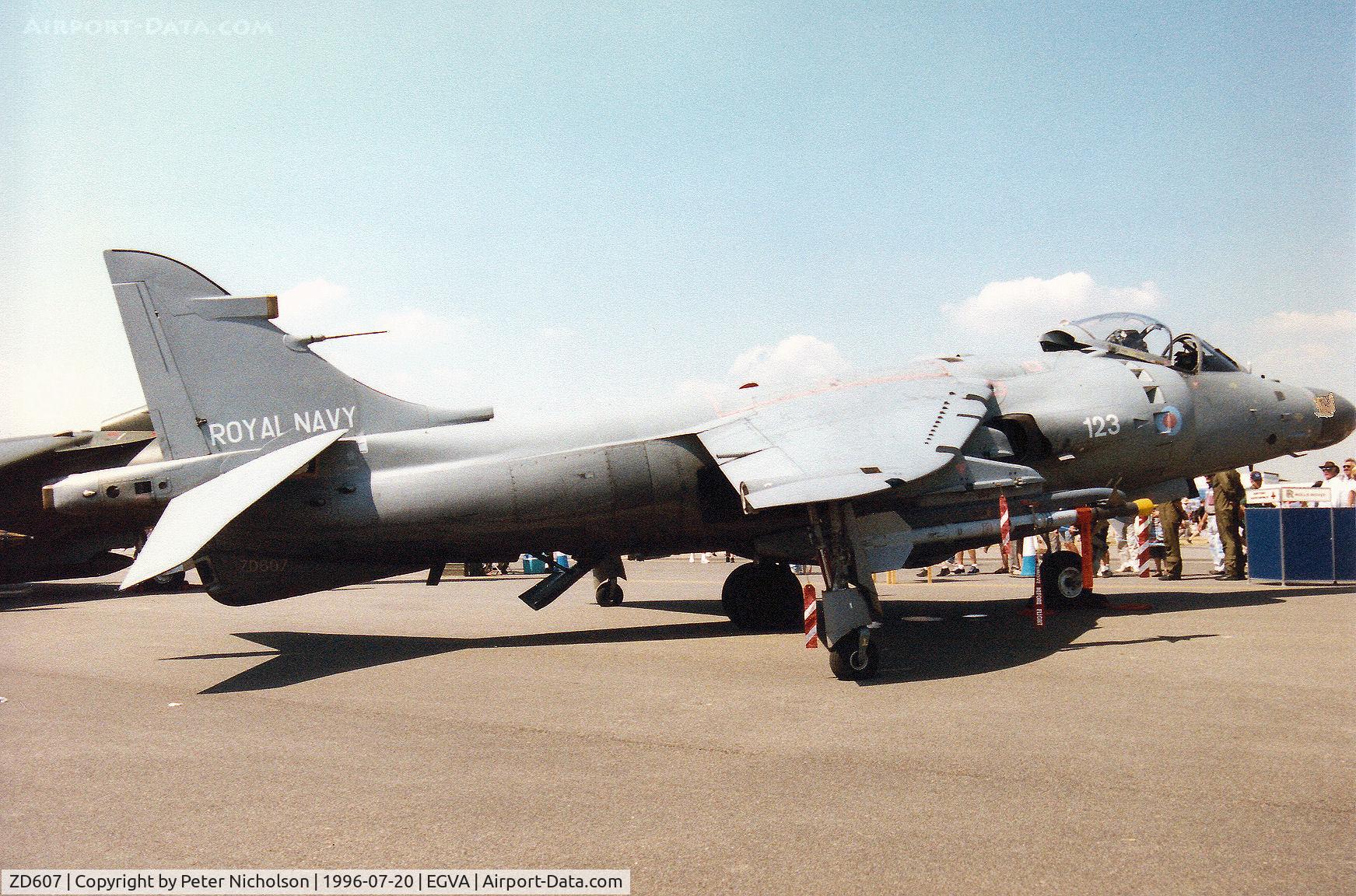 ZD607, 1985 British Aerospace Sea Harrier F/A.2 C/N 41H-912046/B40/P25, Sea Harrier F/A.2 of 800 Squadron at RNAS Yeovilton on display at the 1996 Royal Intnl Air Tattoo at RAF Fairford.