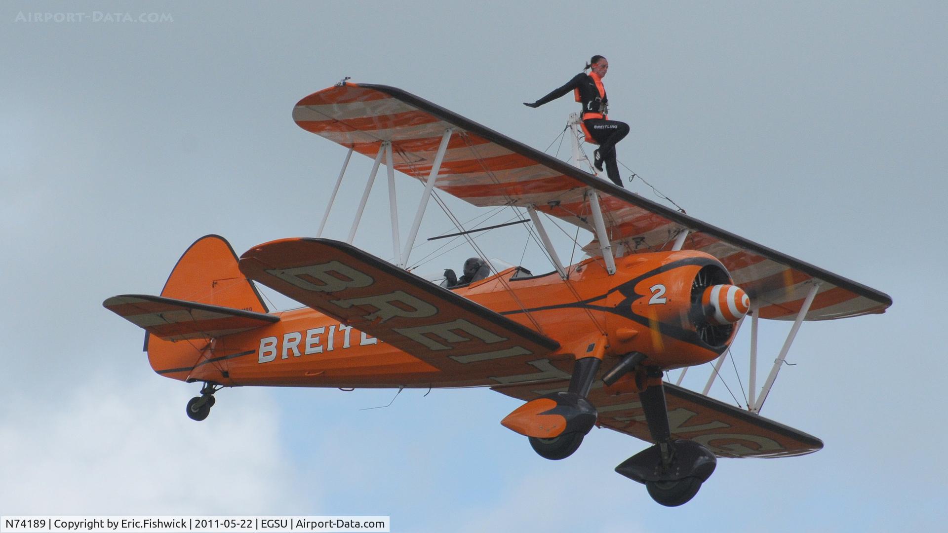 N74189, 1941 Boeing PT-17/R985 Kaydet (A75N1) C/N 75-717, N74189 (2) working very hard in extremely blustery conditions at at Duxford's Spring Air Show, May 2011