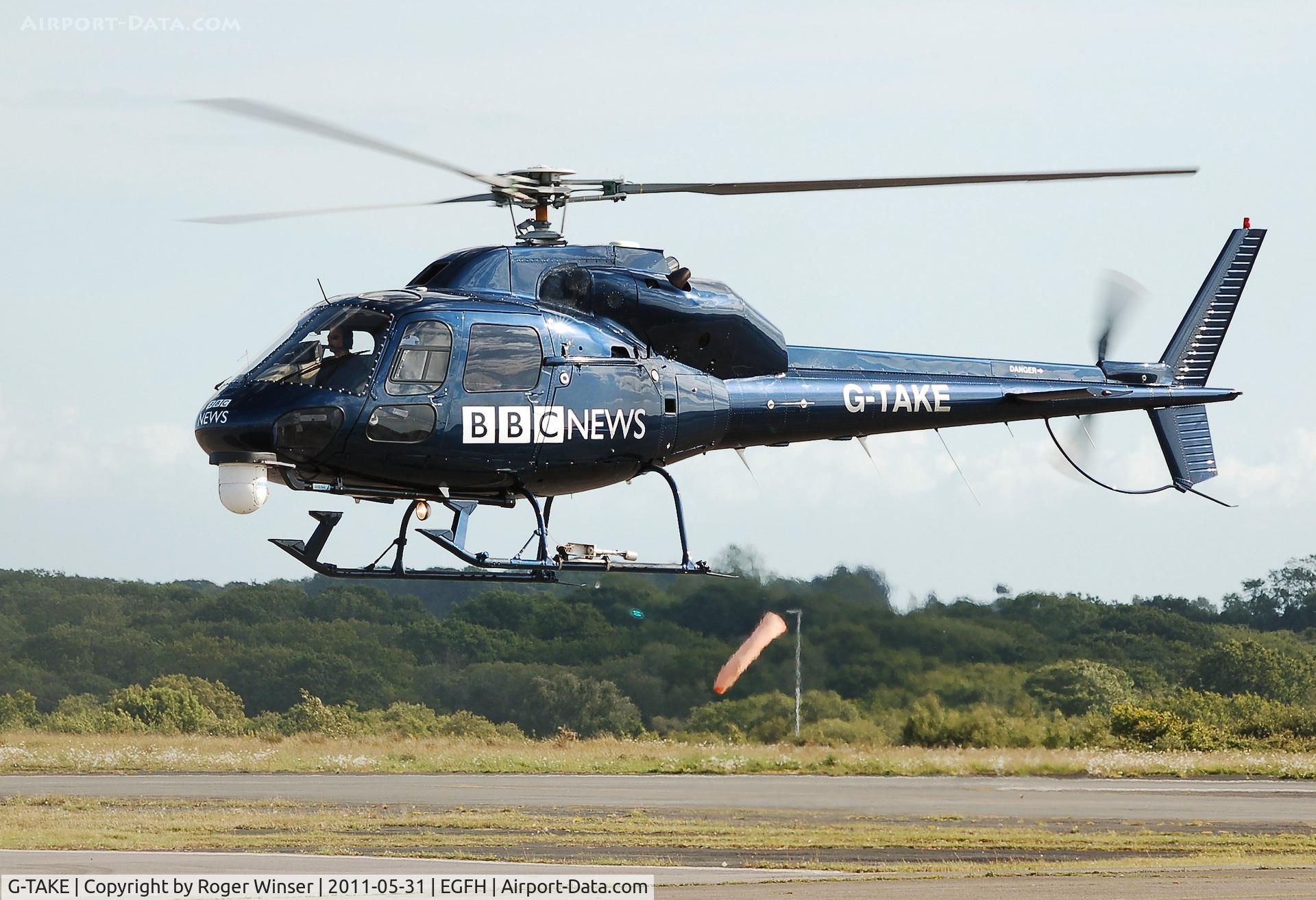 G-TAKE, 1981 Aerospatiale AS-355F-1 Ecureuil 2 C/N 5088, Arena Aviation's Ecureuil II in a new colour scheme for 2011. Used by BBC News.