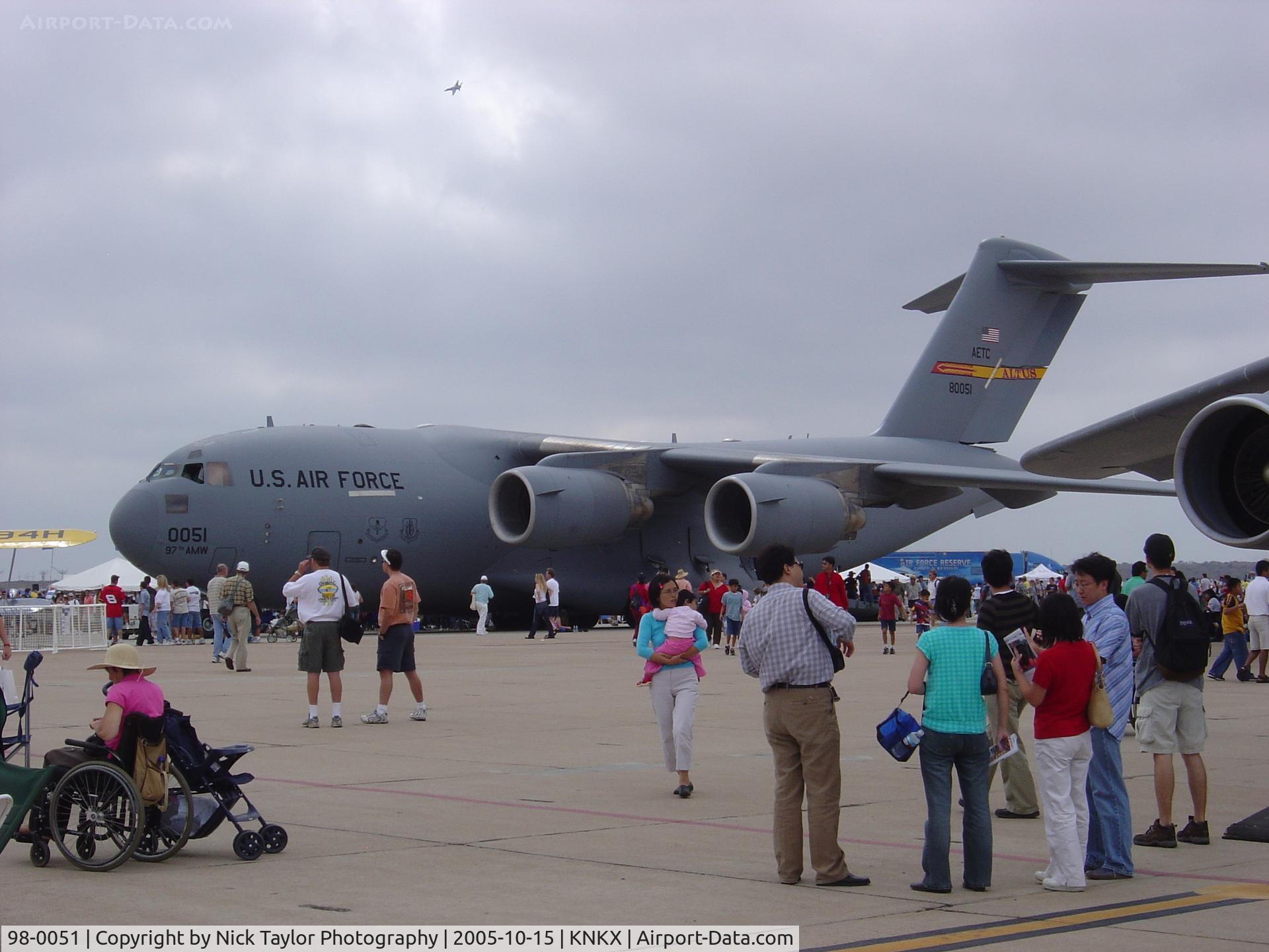 98-0051, 1999 Boeing C-17A Globemaster III C/N 50055/P-51, On display with the 97th AMW Altus AFB Oklahoma at the MCAS Miramar Airshow 05'.