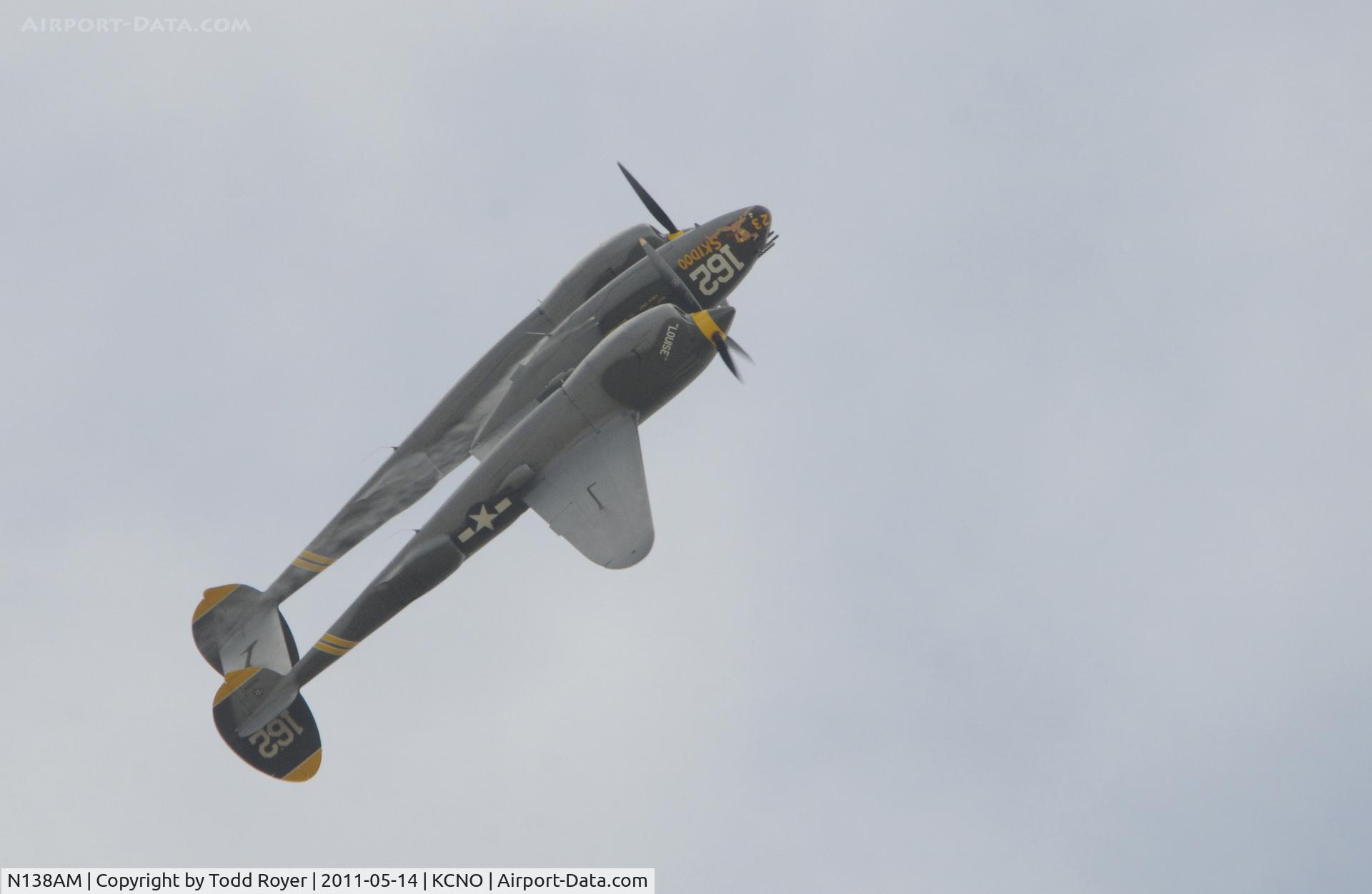 N138AM, 1943 Lockheed P-38J Lightning C/N 44-23314, note the fuel streaming from the center pod during a barrel roll