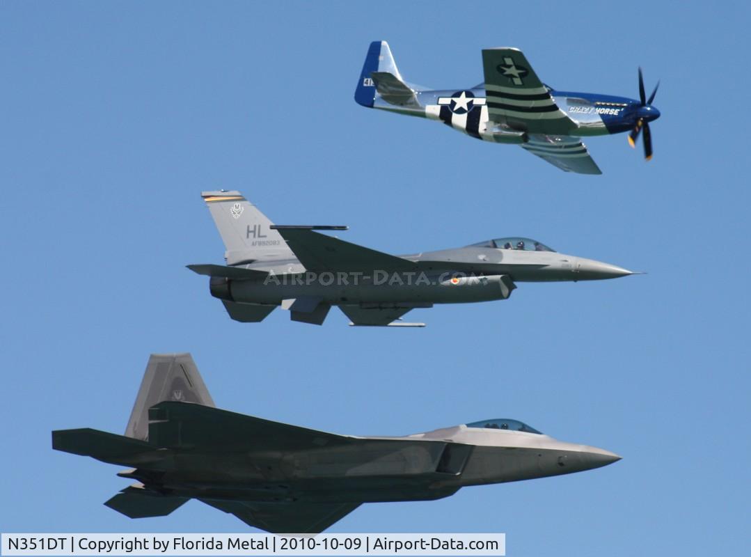 N351DT, 1944 North American P-51D Mustang C/N 122-41042, Crazy Horse 2 with F-16 and F-22 over Daytona Beach