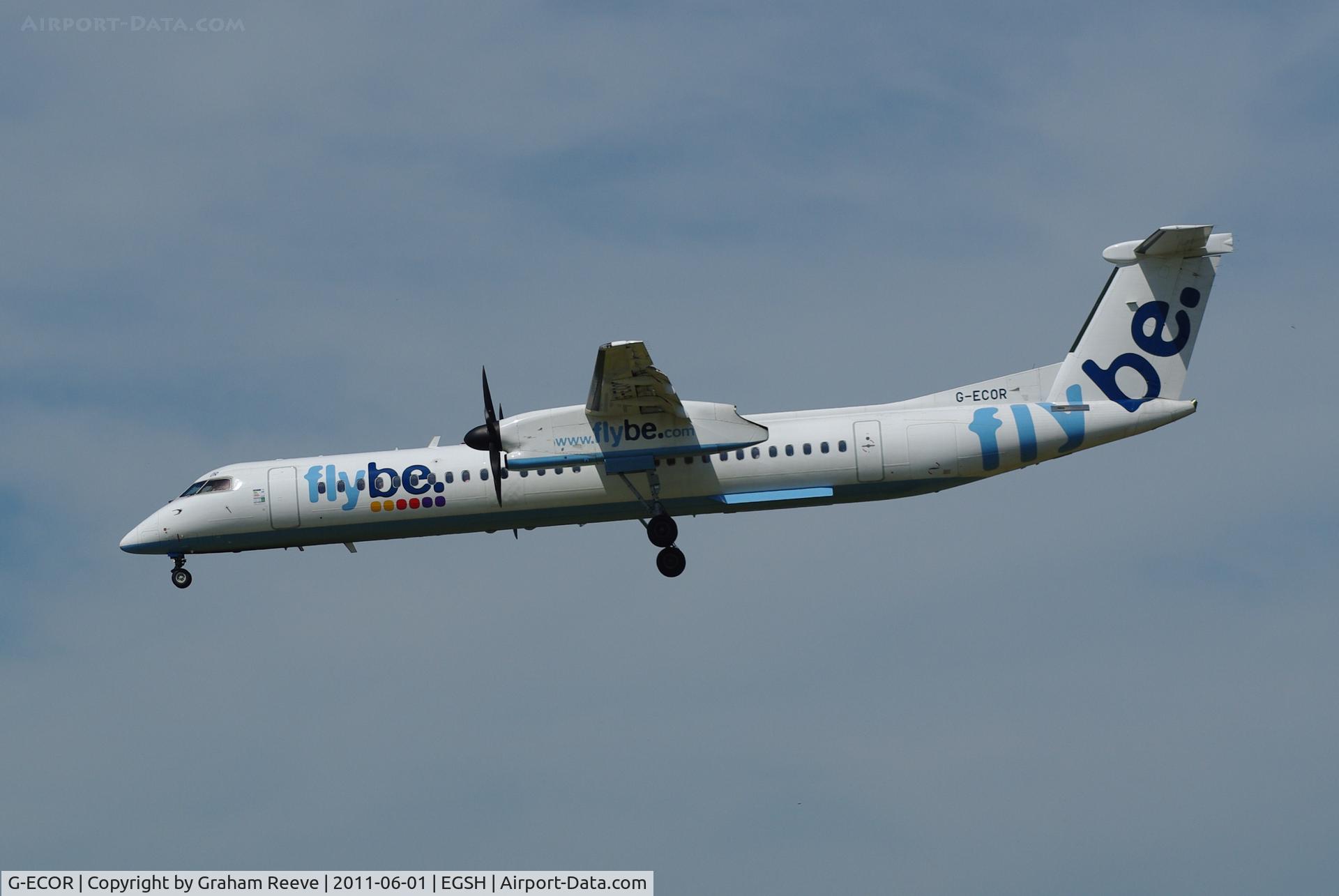 G-ECOR, 2009 De Havilland Canada DHC-8-402Q Dash 8 C/N 4248, Landing at Norwich.