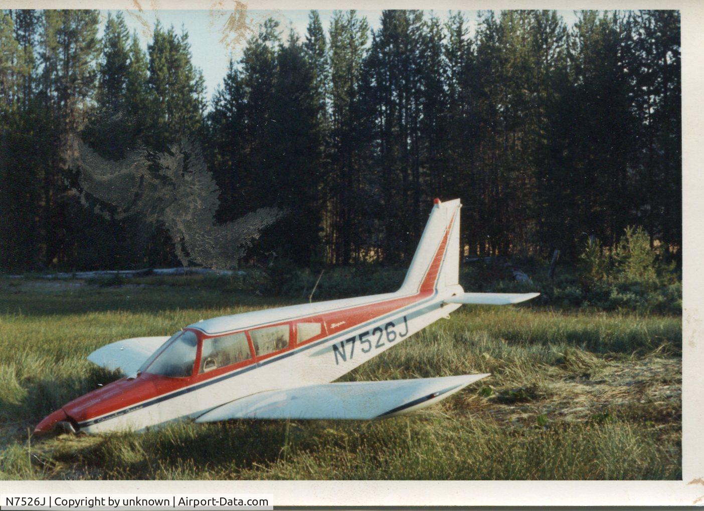 N7526J, 1968 Piper PA-28R-180 Cherokee Arrow C/N 28R-30897, At Lake of the Woods, OR in the now closed air strip after failed takeoff. Photo discovered by LOTW History Committee from old files of the LOTW Resort. Any further information greatly appreciated. See https://www.ntsb.gov/_layouts/ntsb.aviation/brief.asp