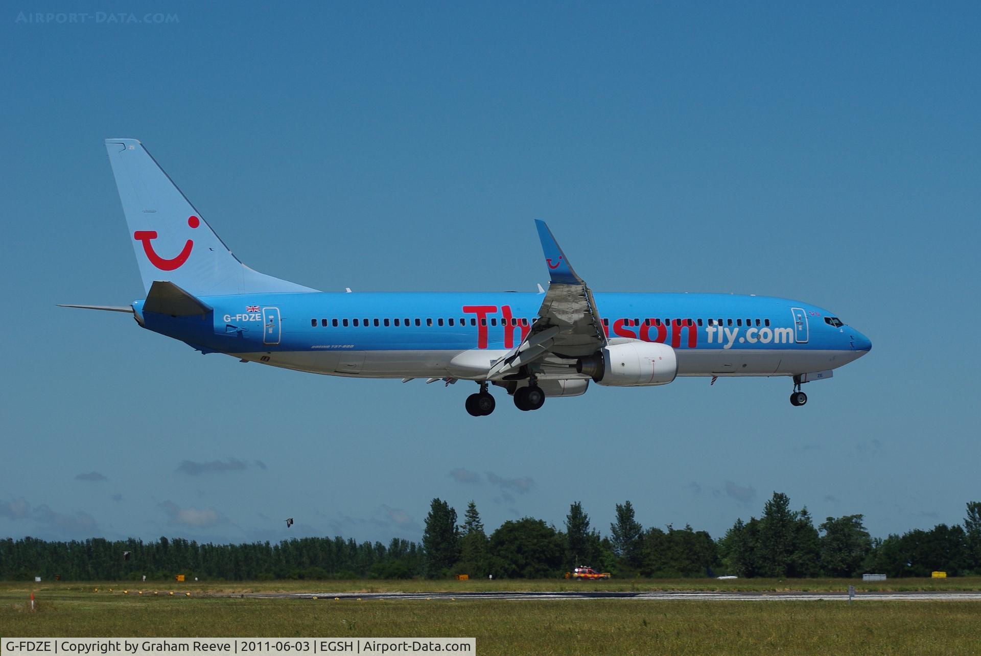 G-FDZE, 2008 Boeing 737-8K5 C/N 35137, About to touch down.