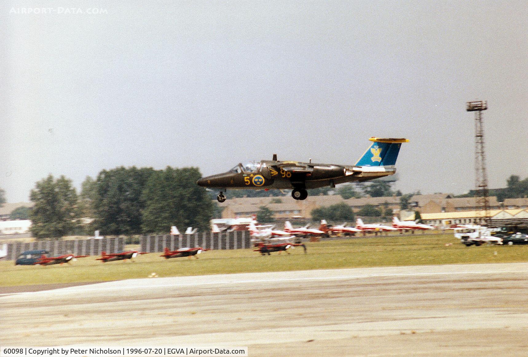 60098, Saab Sk.60A C/N 60098, Saab Sk.60A number 5 of the Team 60 display team of the Royal Swedish Air Force landing at the 1996 Royal Intnl Air Tattoo at RAF Fairford.