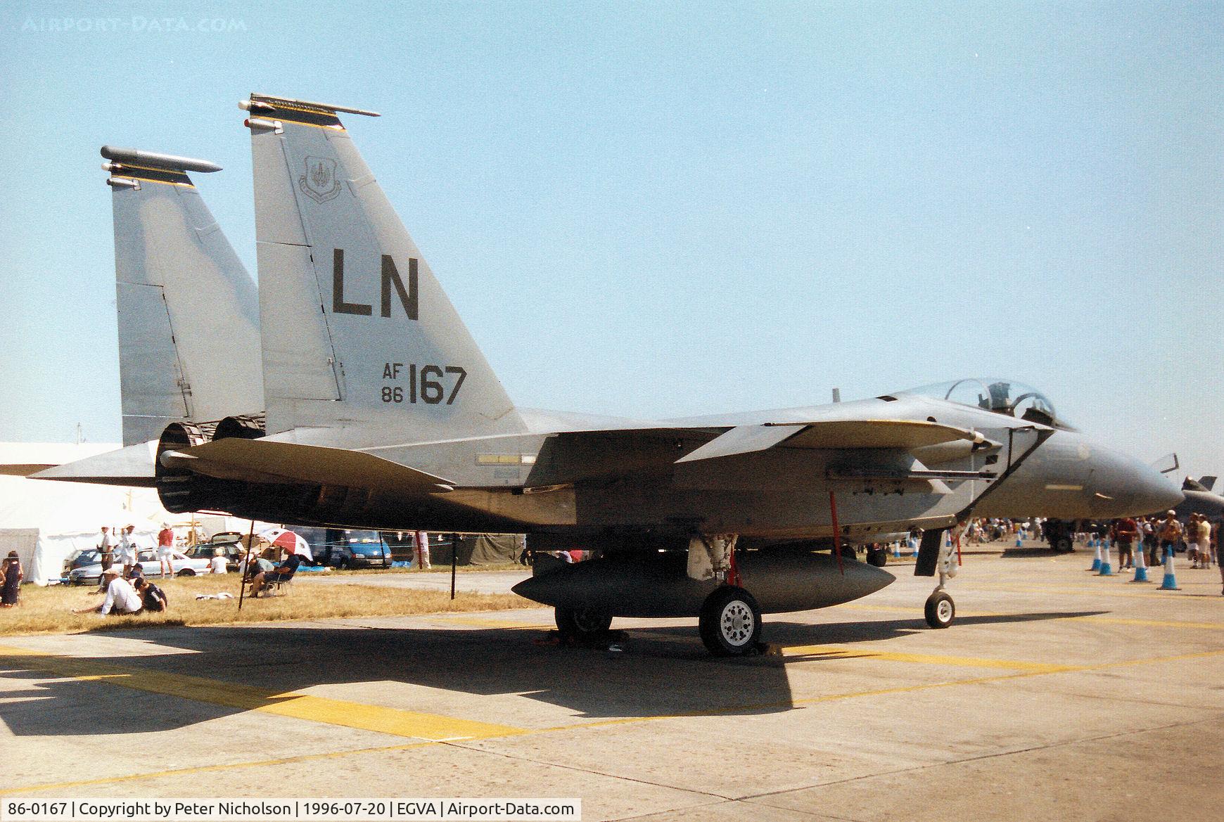 86-0167, 1986 McDonnell Douglas F-15C Eagle C/N 1016/C395, F-15C Eagle of the 493rd Fighter Squadron of RAF Lakenheath's 48th Fighter Wing on display at the 1996 Royal Intnl Air Tattoo at RAF Fairford.