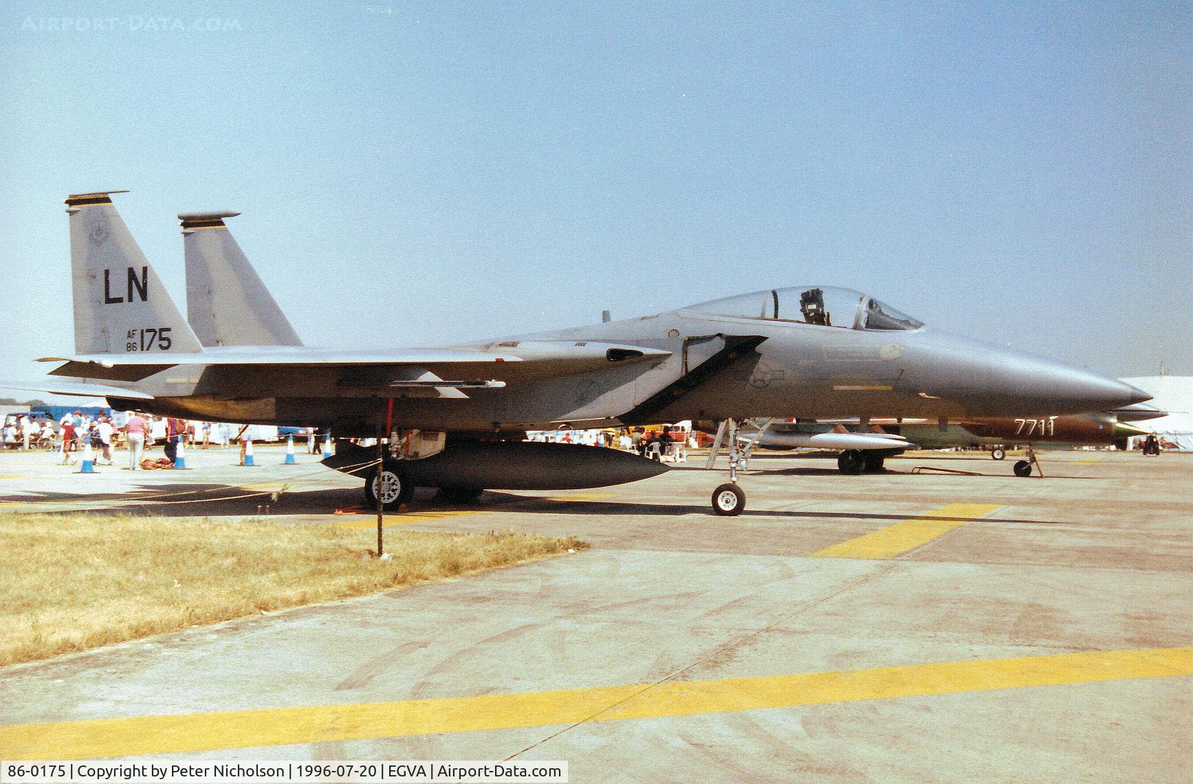 86-0175, 1986 McDonnell Douglas F-15C Eagle C/N 1025/C403, F-15C Eagle of RAF Lakenheath's 493rd Fighter Squadron/48th Fighter Wing on display at the 1996 Royal Intnl Air Tattoo at RAF Fairford.