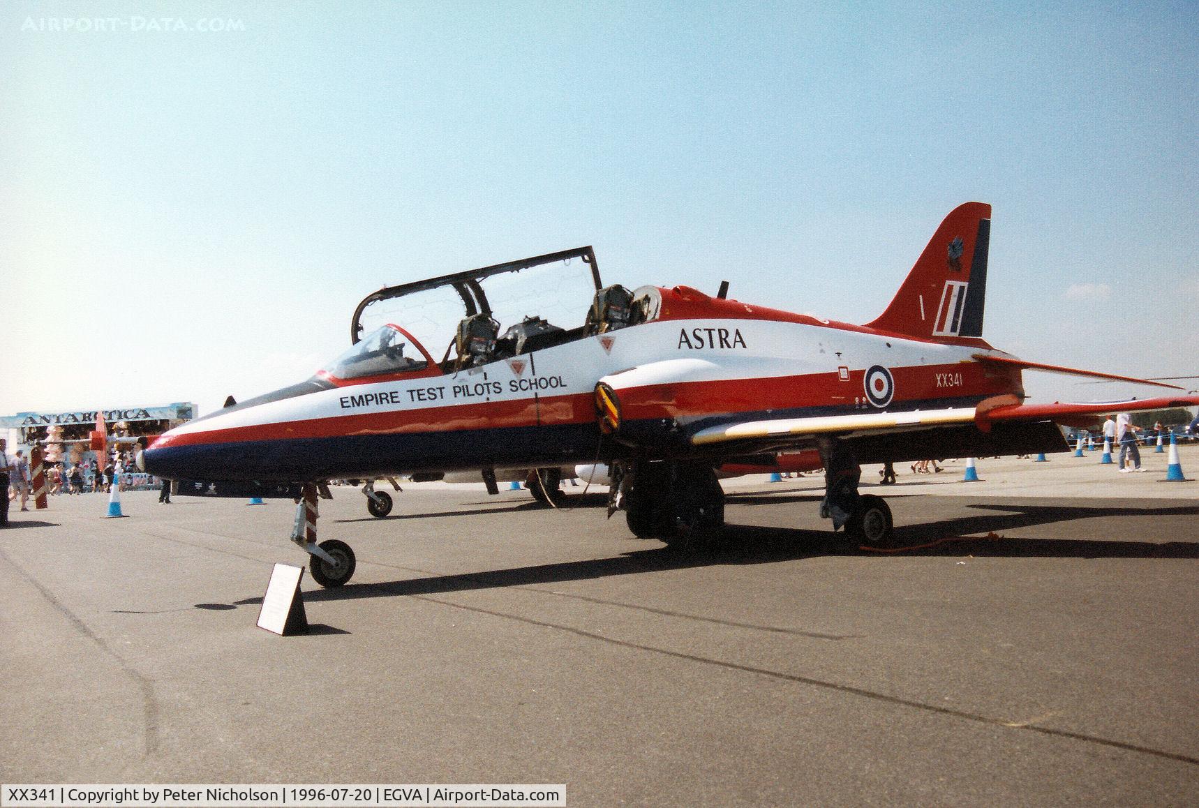 XX341, 1980 Hawker Siddeley Hawk T.1 C/N 190/312165, Hawk T.1 ASTRA of the Empire Test Pilots School at Boscombe Down on display at the 1996 Royal Intnl Air Tattoo at RAF Fairford.