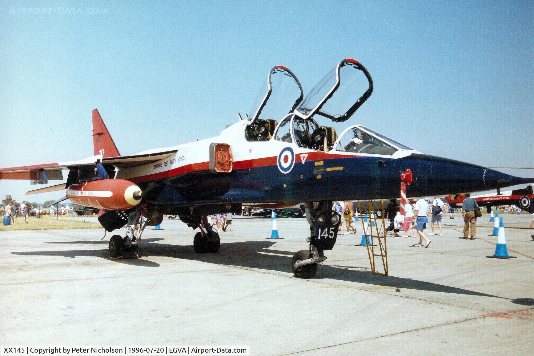 XX145, 1974 Sepecat Jaguar T.2 C/N B.10, Jaguar T.2 of the Empire Test Pilots School at Boscombe Down on display at the 1996 Royal Intnl Air Tattoo at RAF Fairford.