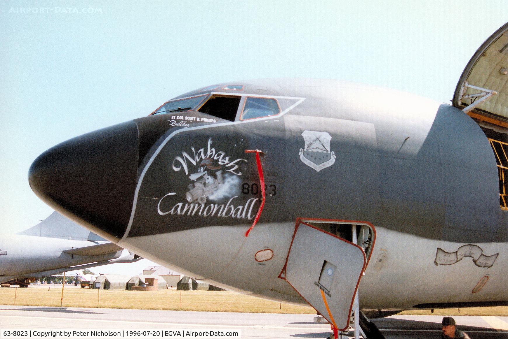 63-8023, 1963 Boeing KC-135R Stratotanker C/N 18640, KC-135R Stratotanker named Wabash Cannonball of RAF Mildenhall's 100th Air Refuelling Wing on display at the 1996 Royal Intnl Air Tattoo at RAF Fairford.