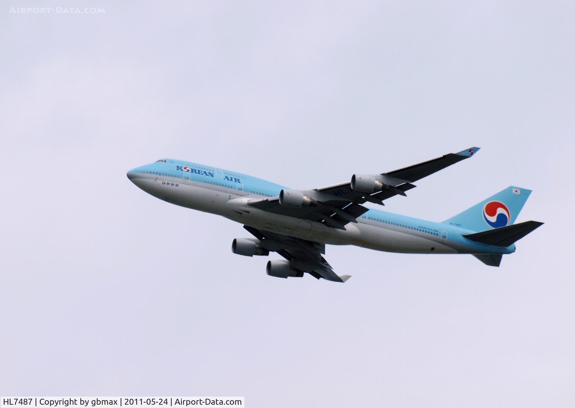 HL7487, 1992 Boeing 747-4B5 C/N 26393, Flying over Mineola, NY, going to a landing at JFK