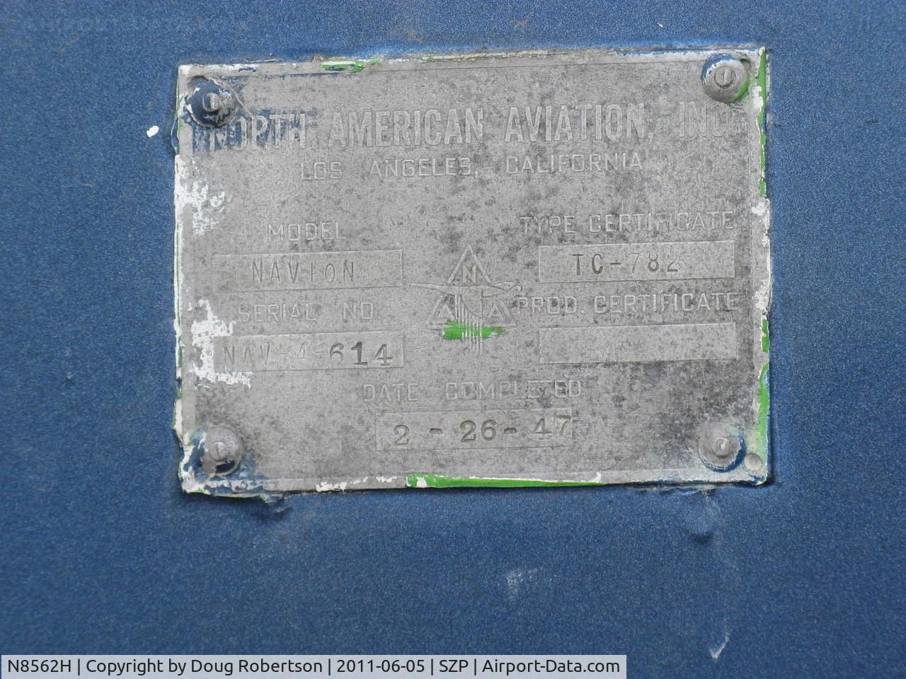 N8562H, 1947 North American Navion (NA-145) C/N NAV-4-614, 1947 North American Aviation NAVION, Continental E-185-9 205 Hp for takeoff, 185 Hp continuous, Mfg. Data Plate