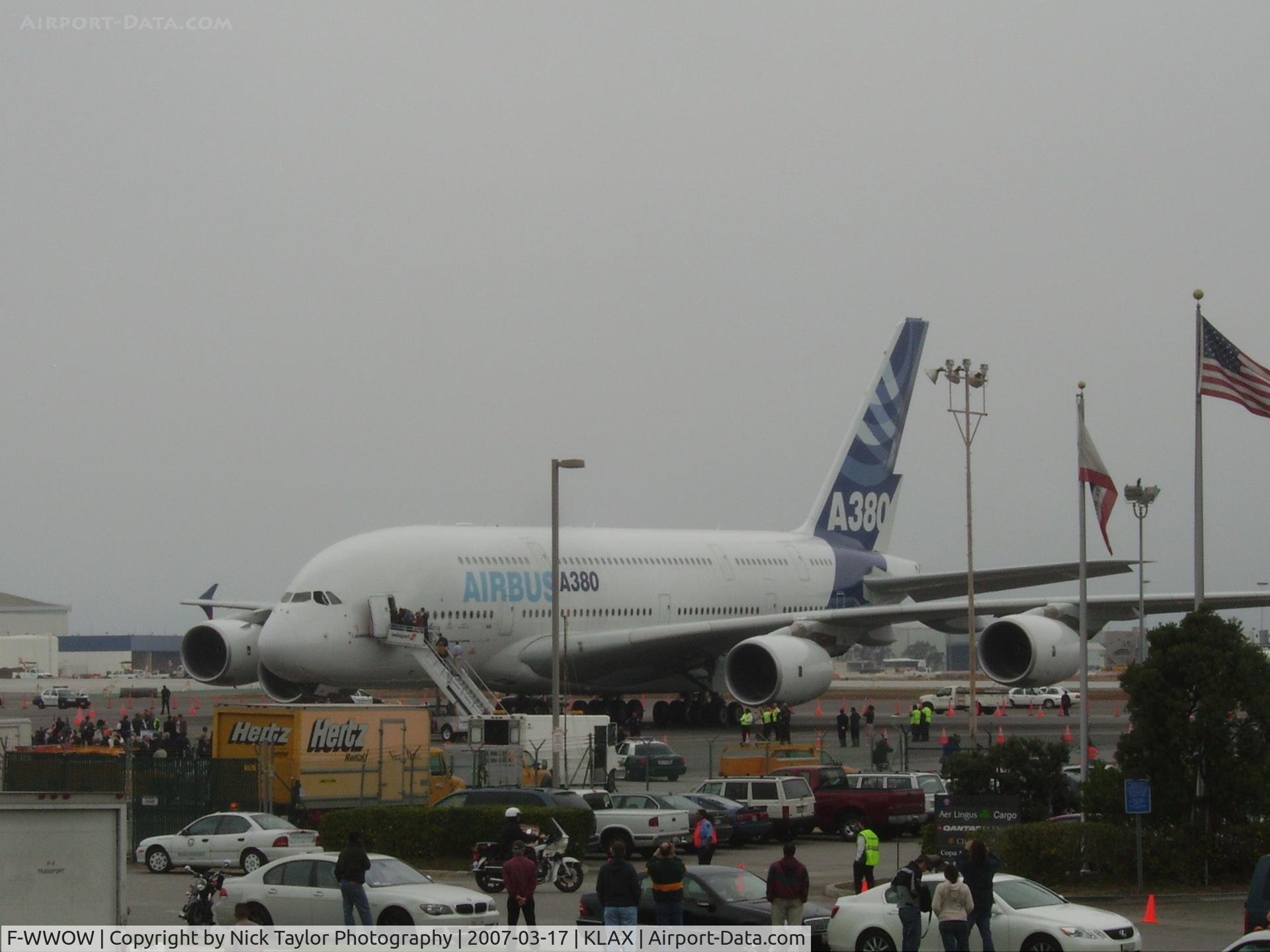 F-WWOW, 2005 Airbus A380-841 C/N 001, Parked at the Imperial terminal during the A380's first visit to LAX