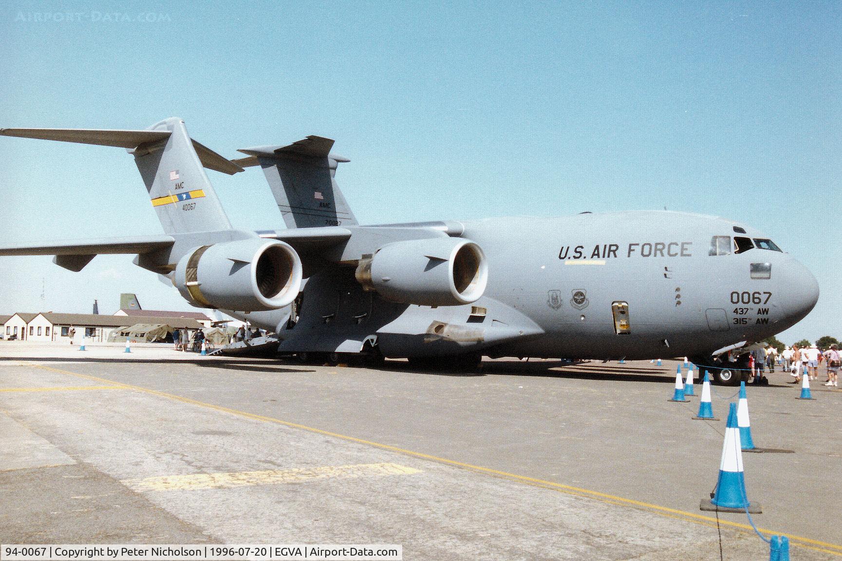 94-0067, 1994 McDonnell Douglas C-17A Globemaster III C/N 50027/F-26, Another view of the 437th Airlift Wing C-17A Globemaster from Charleston AFB  on display at the 1996 Royal Intnl Air Tattoo.