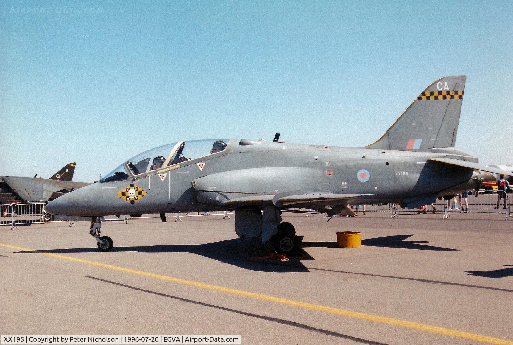 XX195, 1978 Hawker Siddeley Hawk T.1 C/N 042/312042, Hawk T.1A of 100 Squadron at RAF Leeming on display at the 1996 Royal Intnl Air Tattoo at RAF Fairford.