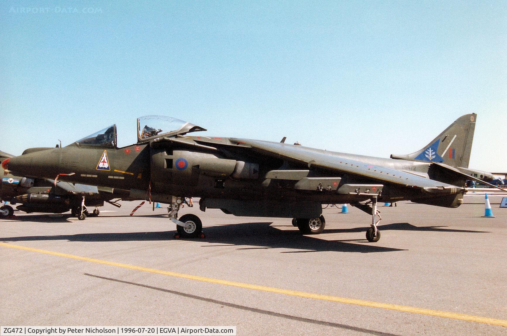 ZG472, British Aerospace Harrier GR.7A C/N P62, Harrier GR.7 of the Strike Attack Operational Evaluation Unit [SAOEU] at Boscombe Down on display at the 1996 Royal Intnl Air Tattoo at RAF Fairford.