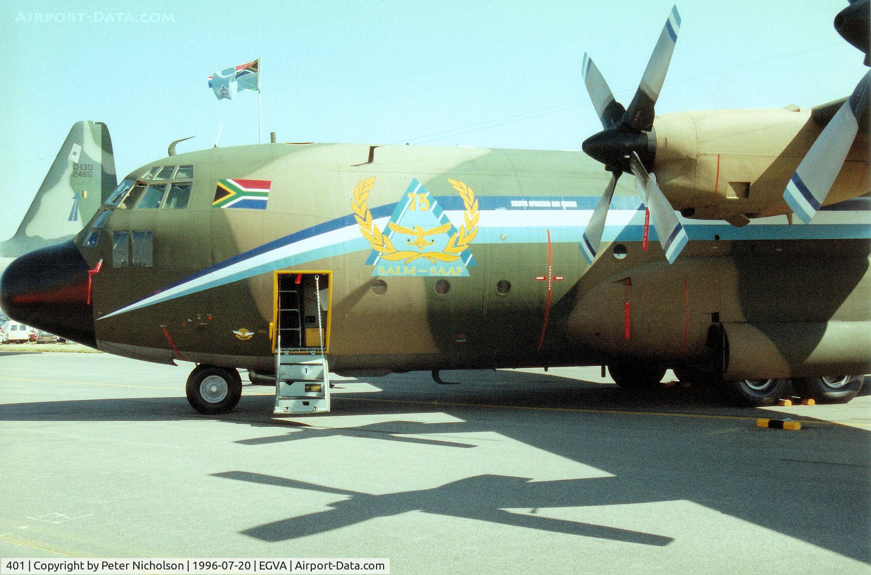 401, 1963 Lockheed C-130B Hercules C/N 282-3724, C-130B Hercules of 28 Squadron of the South African Air Force with 75th Anniversary markings on display at the 1996 Royal Intnl Air Tattoo at RAF Fairford.
