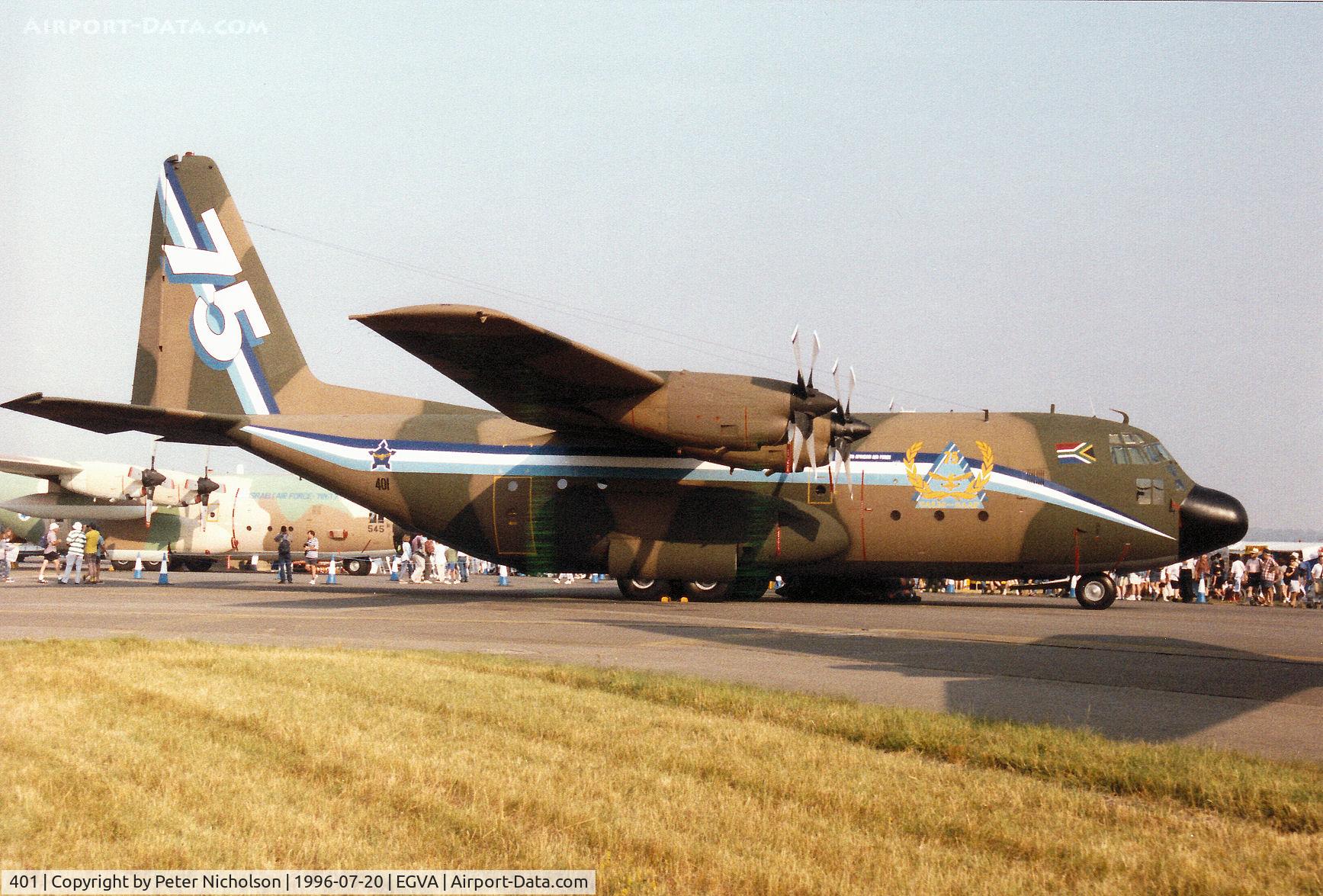 401, 1963 Lockheed C-130B Hercules C/N 282-3724, Another view of the South African Air Force C-130B Hercules of 28 Squadron with 75th Anniversary markings on display at the 1996 Royal Intnl Air Tattoo at RAF Fairford.