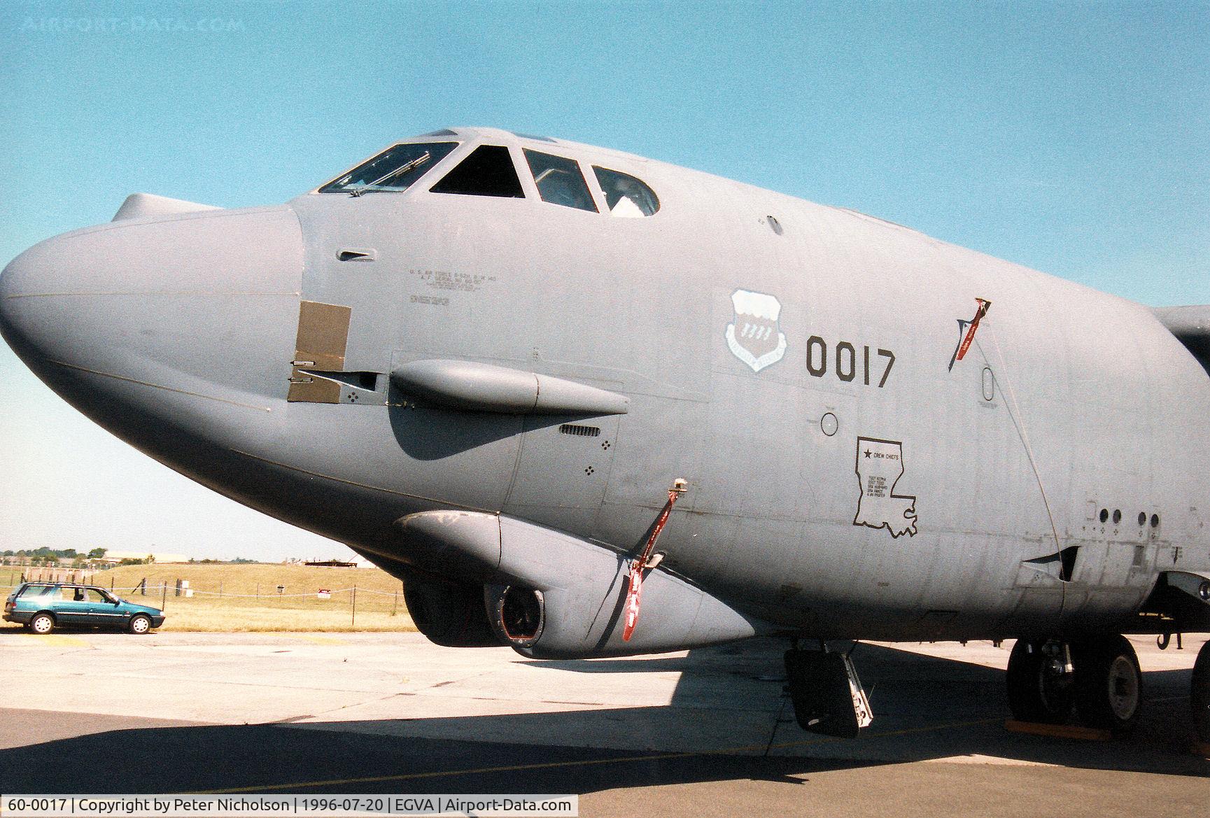 60-0017, 1960 Boeing B-52H Stratofortress C/N 464382, Another view of the B-52H Stratofortress of Barksdale AFB's 11th Bomb Squadron/2nd Bomb Wing on display at the 1996 Royal Intnl Air Tattoo at RAF Fairford.
