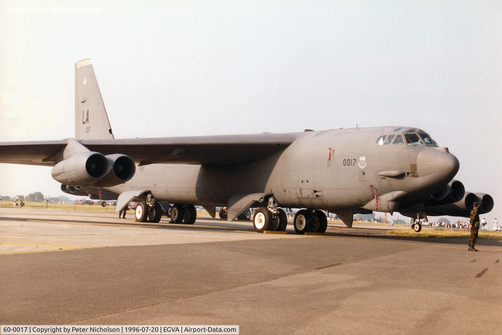 60-0017, 1960 Boeing B-52H Stratofortress C/N 464382, Another view of the B-52H Stratofortress from Barksdale AFB's 2nd Bomb Wing on display at the 1996 Royal Intnl Air Tattoo at RAF Fairford.