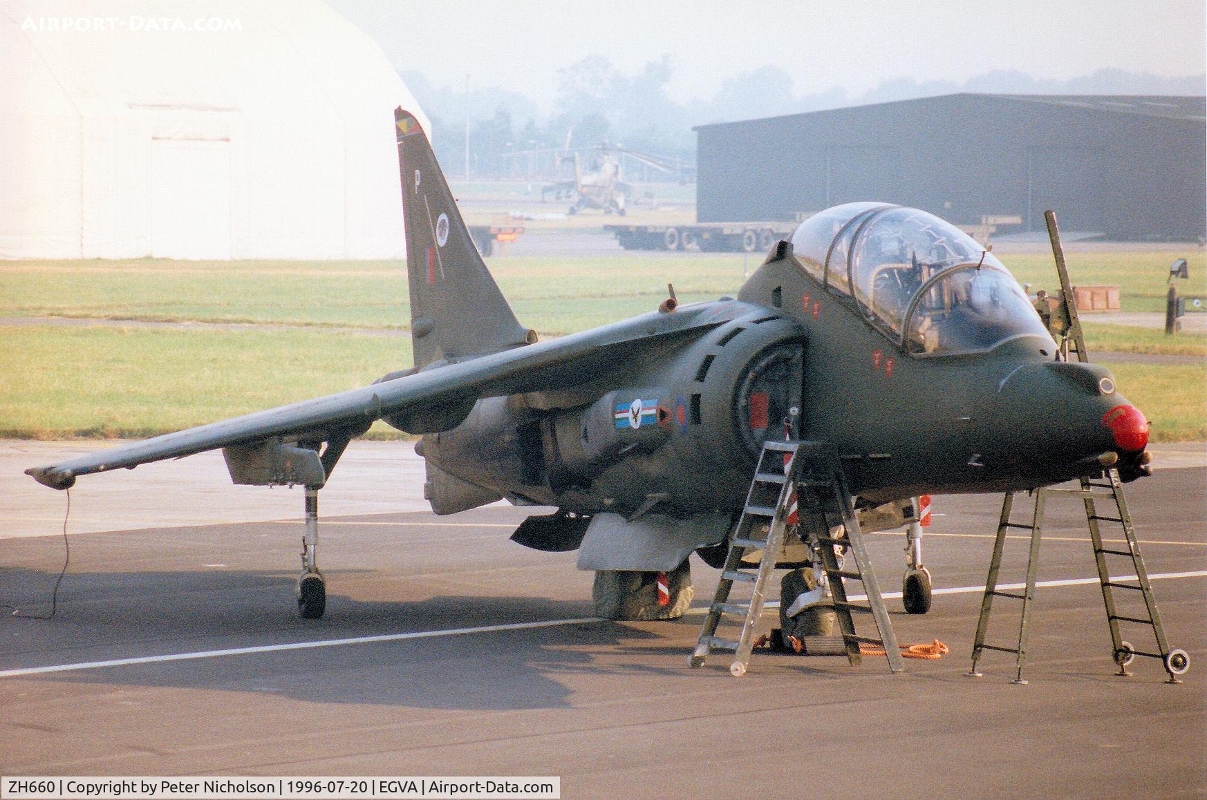 ZH660, 1995 British Aerospace Harrier T.10 C/N TX008, Harrier T.10 of 20[Reserve] Squadron at RAF Wittering on the flight-line at the 1996 Royal Intnl Air Tattoo at RAF Fairford.