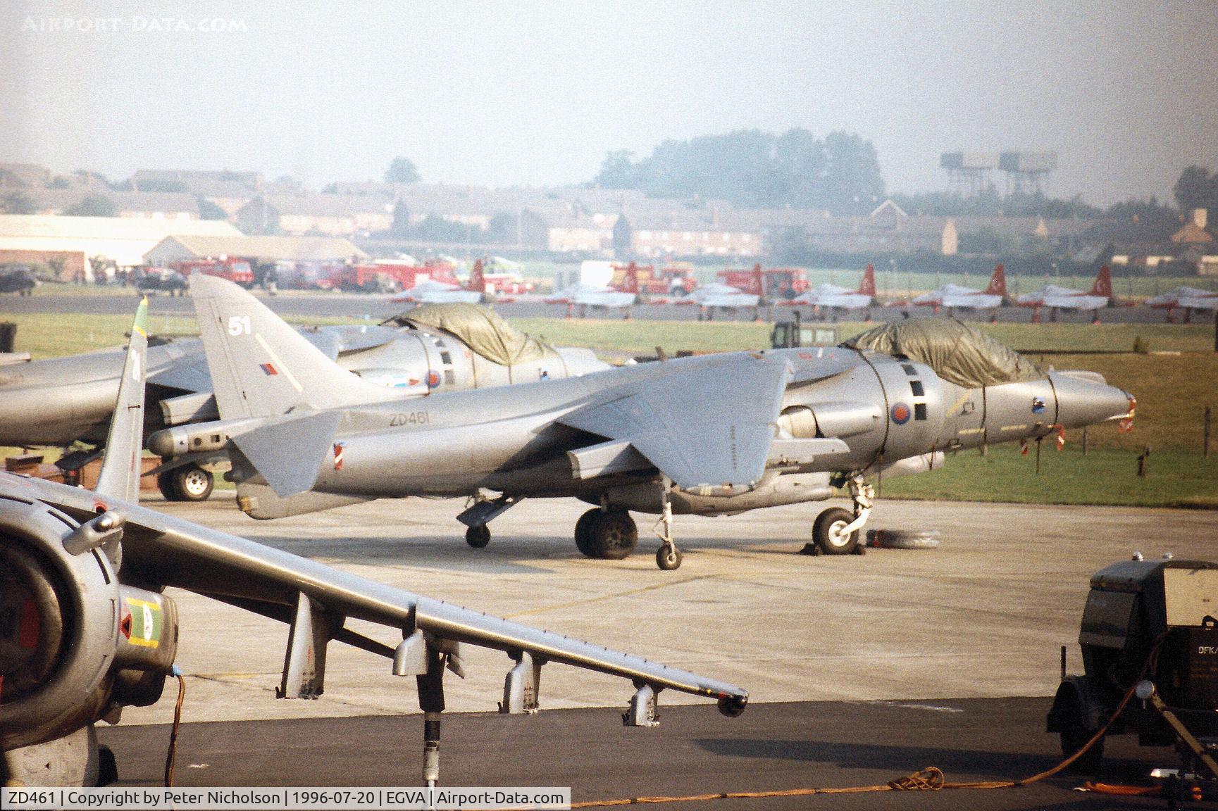 ZD461, 1989 British Aerospace Harrier GR.7 C/N P51, Harrier GR.7 of 20[Reserve] Squadron at RAF Wittering on the flight-line at the 1996 Royal Intnl Air Tattoo at RAF Fairford.