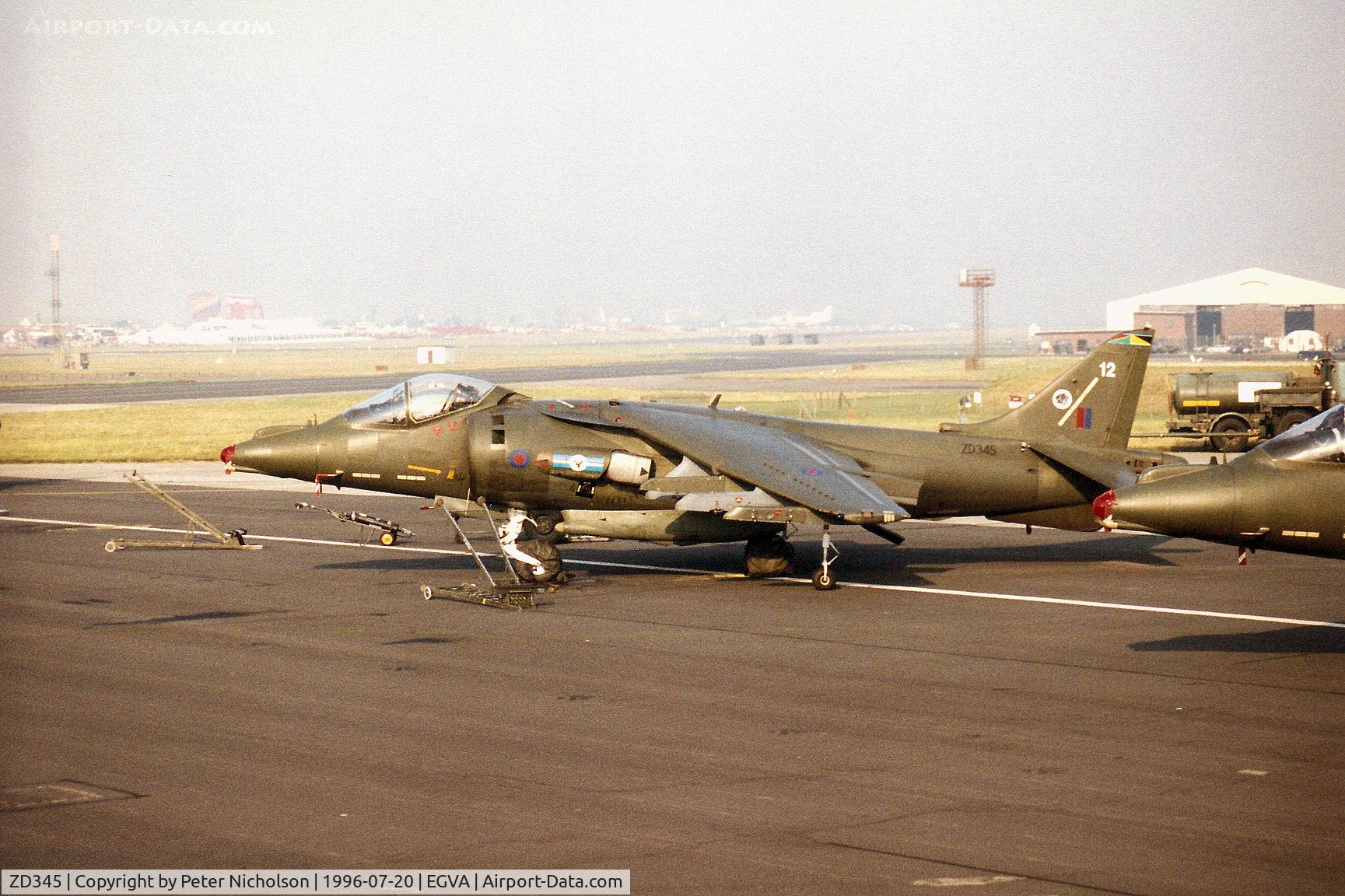 ZD345, 1988 British Aerospace Harrier GR.7 C/N P12, Harrier GR.7 of 20[Reserve] Squadron at RAF Wittering on display at the 1996 Royal Intnl Air Tattoo at RAF Fairford.