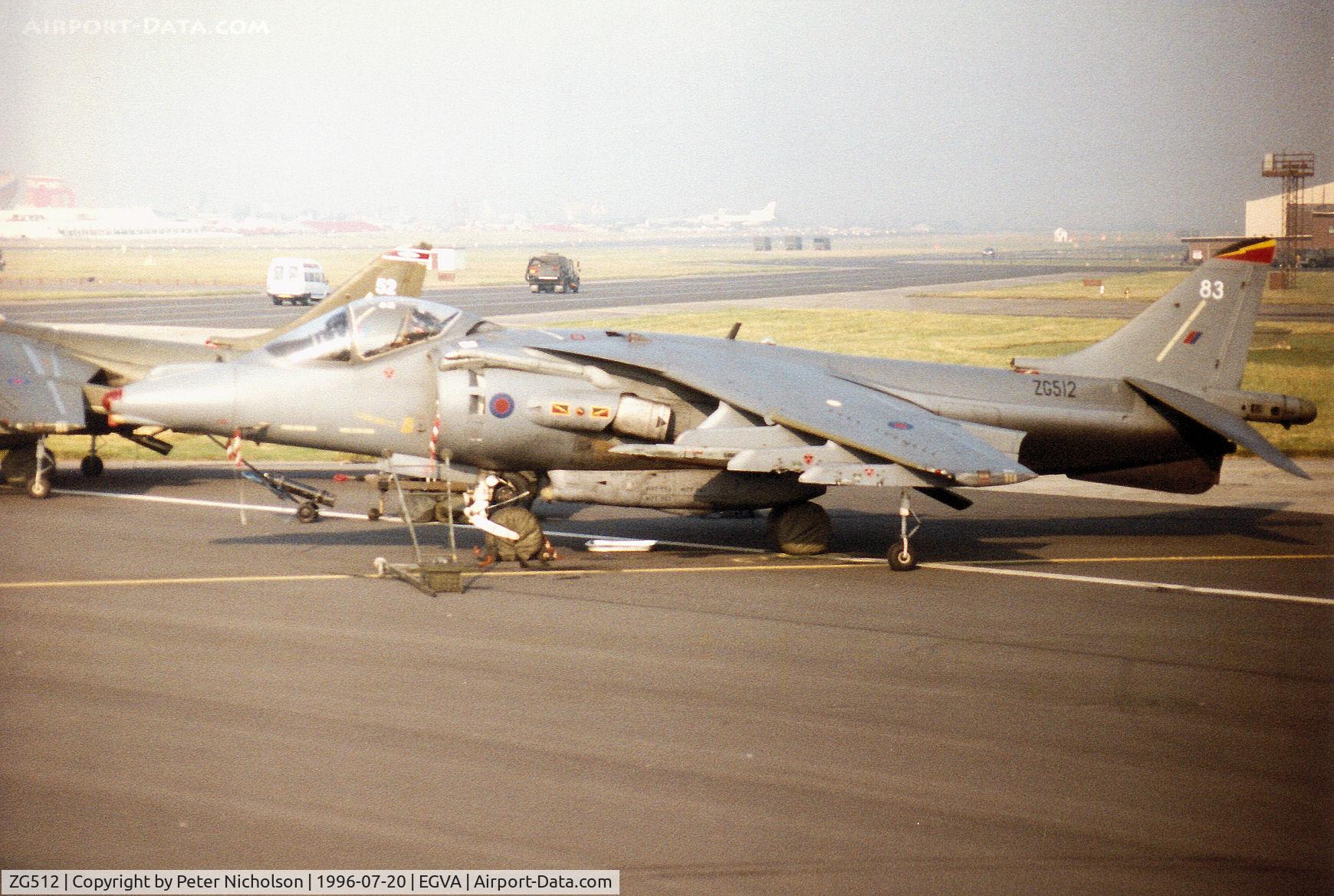 ZG512, 1991 British Aerospace Harrier GR.7 C/N P83, Another view of the 4 Squadron Harrier GR.7 on the flight-line at the 1996 Royal Intnl Air Tattoo at RAF Fairford.