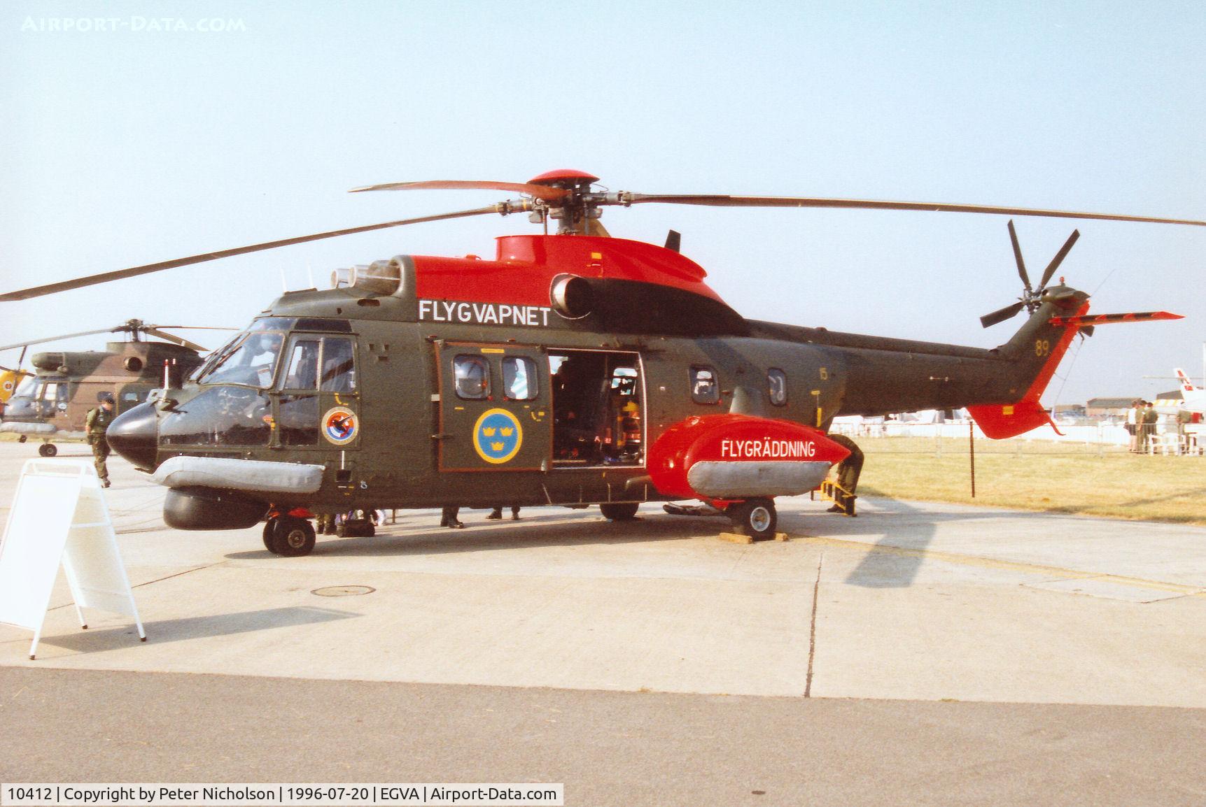 10412, Aérospatiale Hkp.10 Super Puma (AS-332M1) C/N 2412, Hkp.10 Super Puma of F15 Wing of the Royal Swedish Air Force on display at the 1996 Royal Intnl Air Tattoo at RAF Fairford.