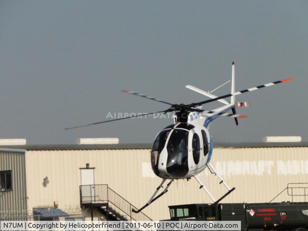 N7UM, 1975 Hughes 369HS C/N 850767S, Lifting of from helipads at LA County parking area and preparing to head westbound