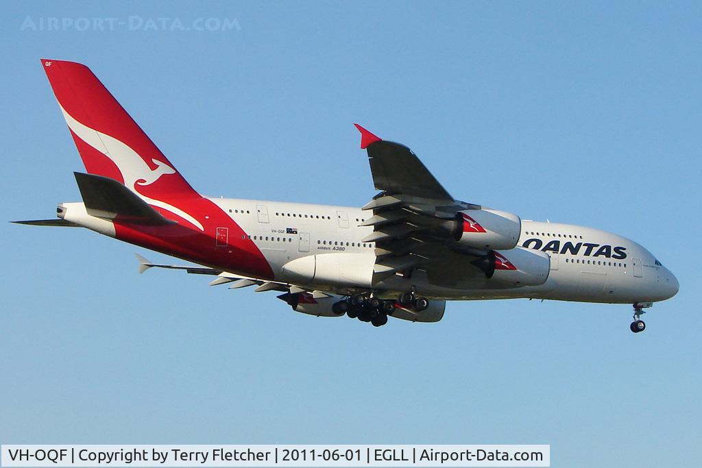 VH-OQF, 2009 Airbus A380-842 C/N 029, Qantas's 2009 Airbus A380-842, c/n: 029 landing at Heathrow