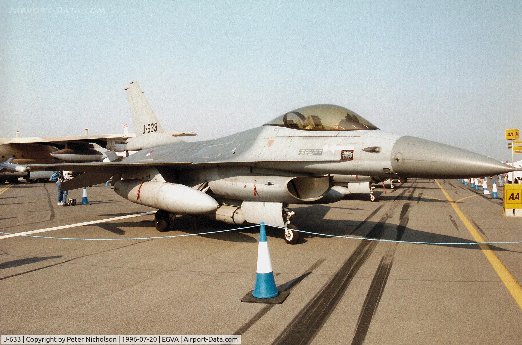 J-633, General Dynamics F-16A Fighting Falcon C/N 6D-65, F-16A Falcon of 306 Squadron of the Royal Netherlands Air Force at Volkel on display at the 1996 Royal Intnl Air Tattoo at RAF Fairford.